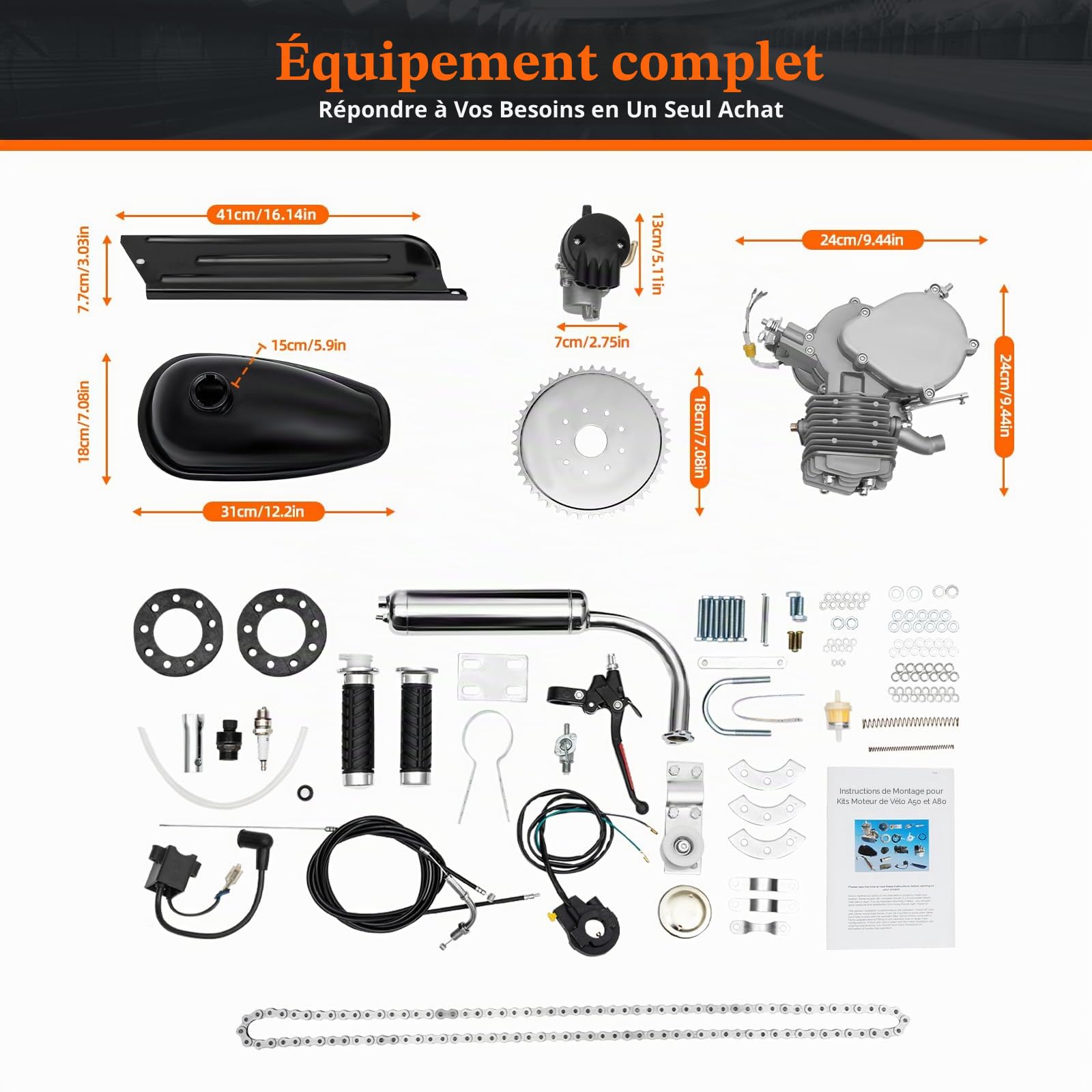 Kit de moteur de vélo 80 cc, 2 temps, silencieux motorisé, pour vélo à essence, vitesse maximale 38 km/h, pour VTT, etc