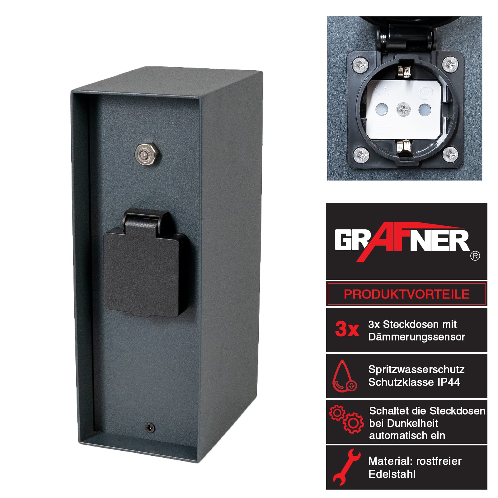 Grafner Edelstahl Design Gartensteckdose Dämmerungssensor, 3 Steckdosen, IP44, eckig, anthrazit, KEIN ROST – Pulverbeschichtung, Energiesäule Mehrfach Metall Außen Steckdose schwarz Helligkeitssensor