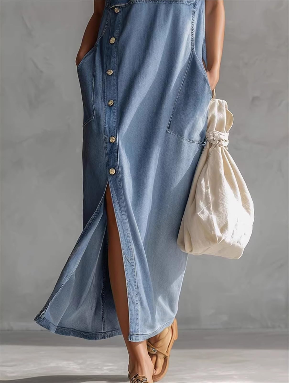 Vestido de verano sin mangas para mujer, vestido camisero casual, vestido largo suelto con abertura
