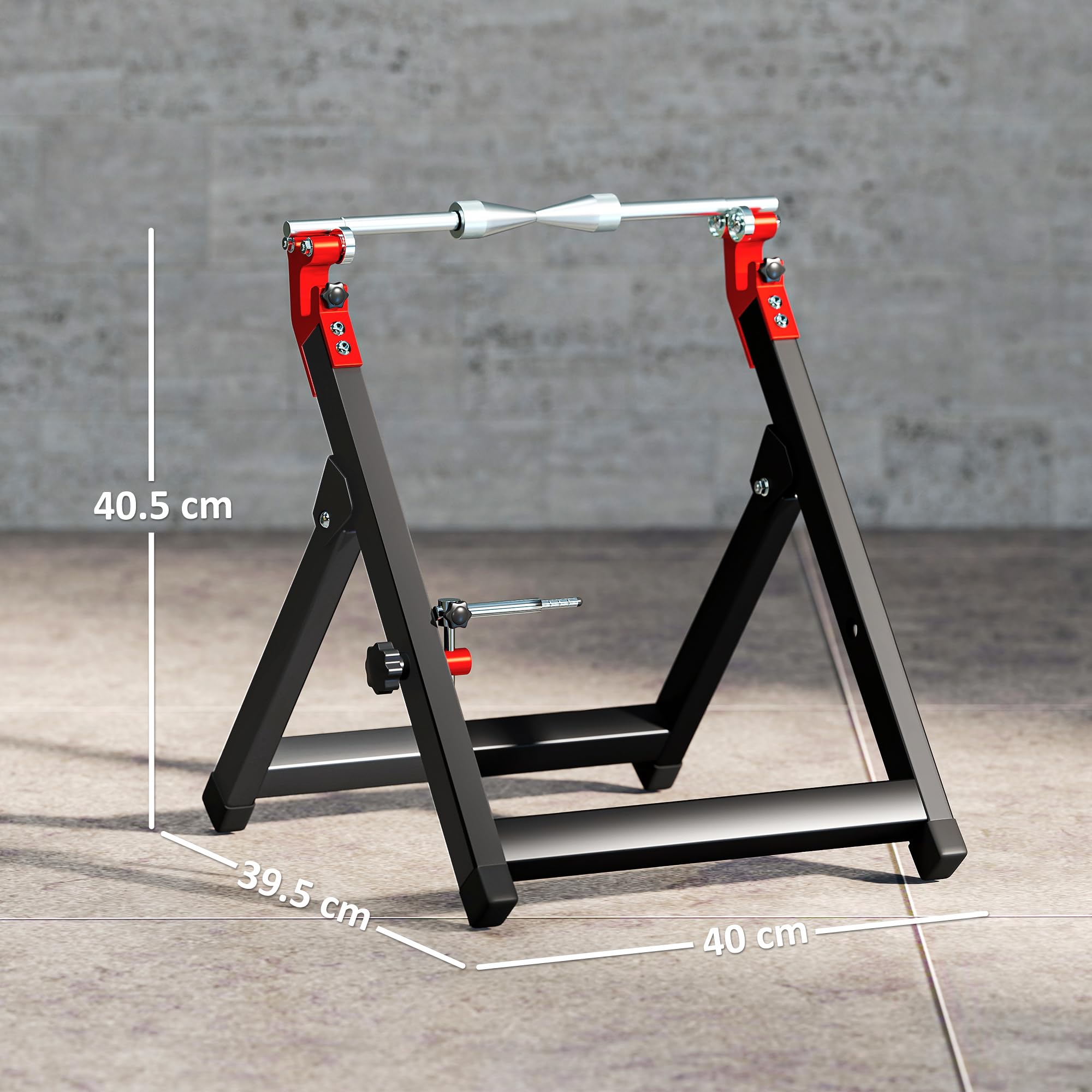 HOMCOM Soporte plegable de equilibrado de ruedas de moto, acero, Negro | Llave radios, soporte equilibrado acero, eje aluminio, para ruedas hasta 23 pulgadas diámetro, 5 pulgadas ancho