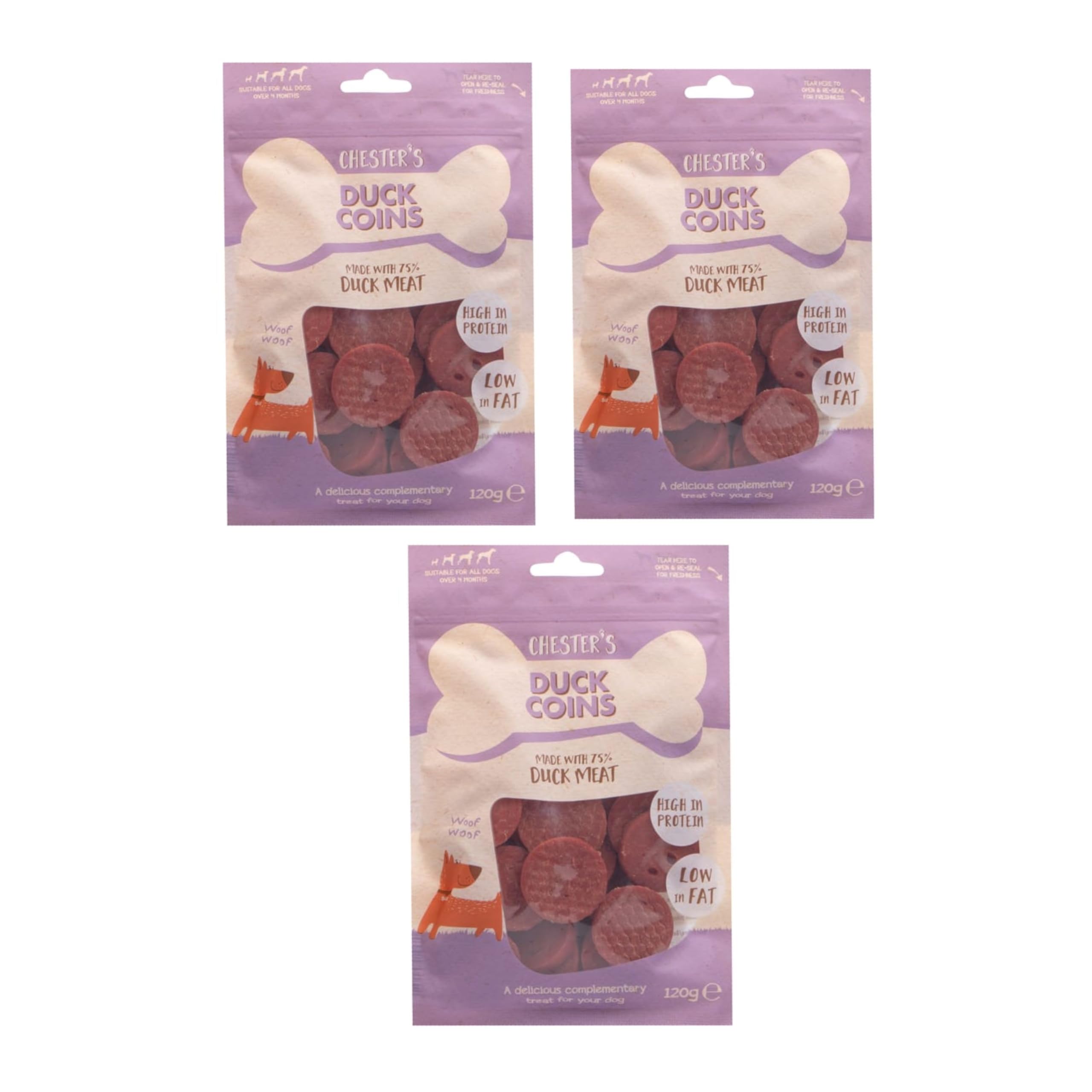Chesters Duck Coins Dog Treats - 75% Duck Meat, High-Protein, Natural Dog Snack - 3 x 120g