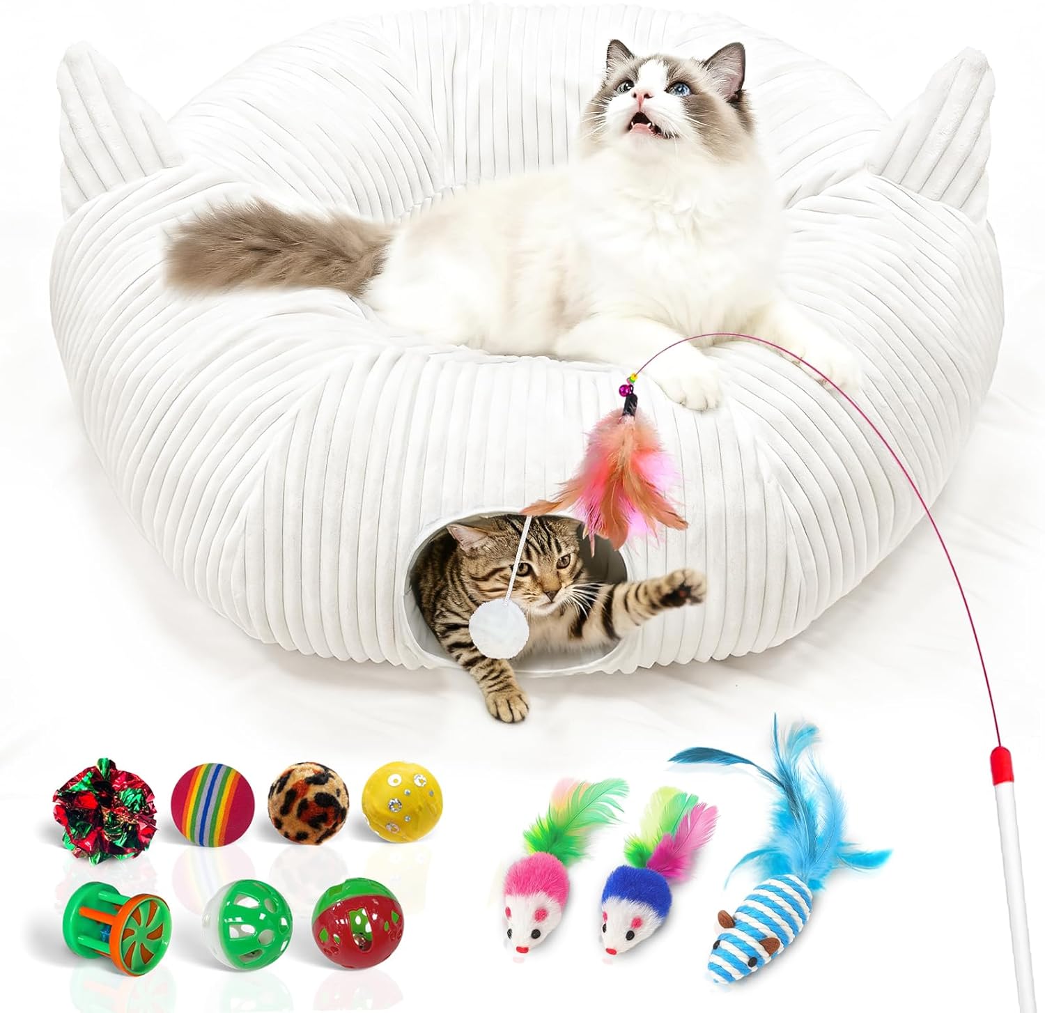 Large Cat Tunnel & Cozy Cat Bed for Indoor Cats – Under Christmas Tree Soft Plush Peekaboo Cat Cave Donut Tunnel, Multifunctional Playground Toys Hideplace for Kittens, Rabbit, Ferret