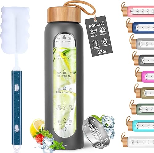 Aqulea Botella de agua de vidrio de borosilicato de 32 onzas con tiempos para beber, sin BPA, botellas de agua motivacionales reutilizables de boca