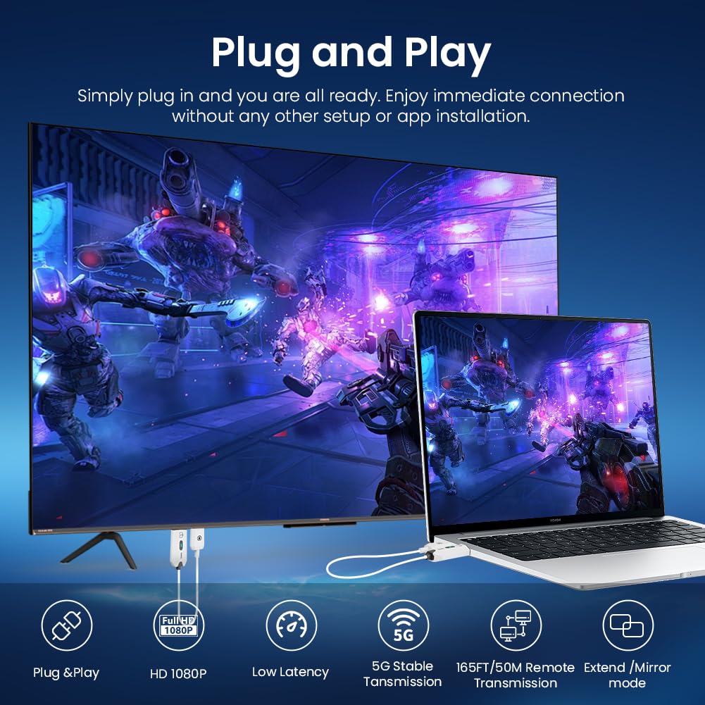 AXFEE Draadloze HDMI-zender en ontvanger, HDMI-zender, ontvanger met knop en 2 adapters, 1080p draadloze overdracht voor streaming video, audio van laptop/pc naar tv/projector (wit