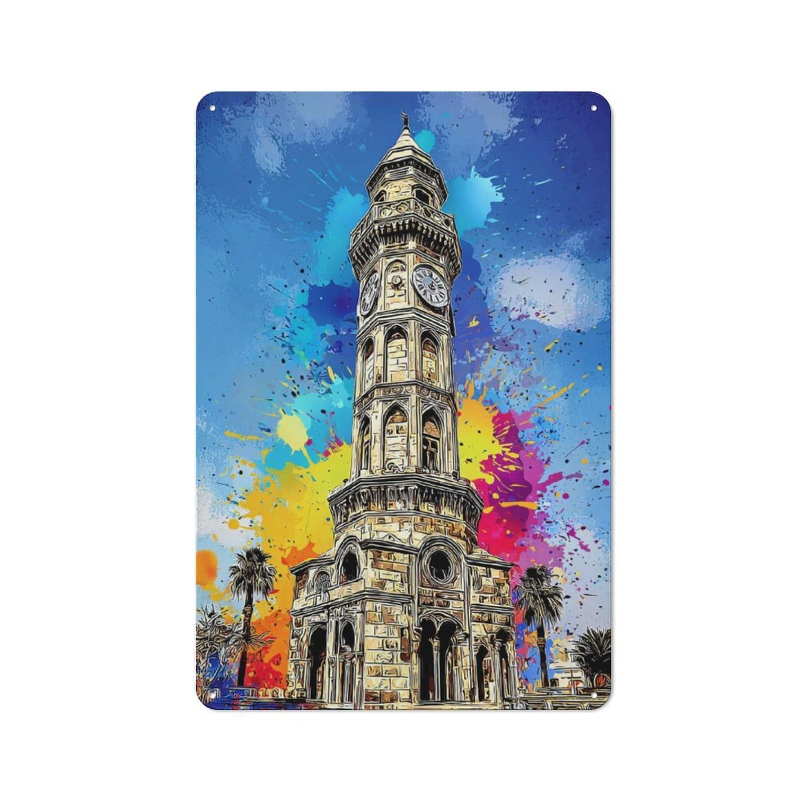 Junmoney Colorful Clock Tower Painting Old Style Metal Wall Decor 30X20cm, Decorative Tin Plaque For Cafe, Pub, Workshop Or Home Bar