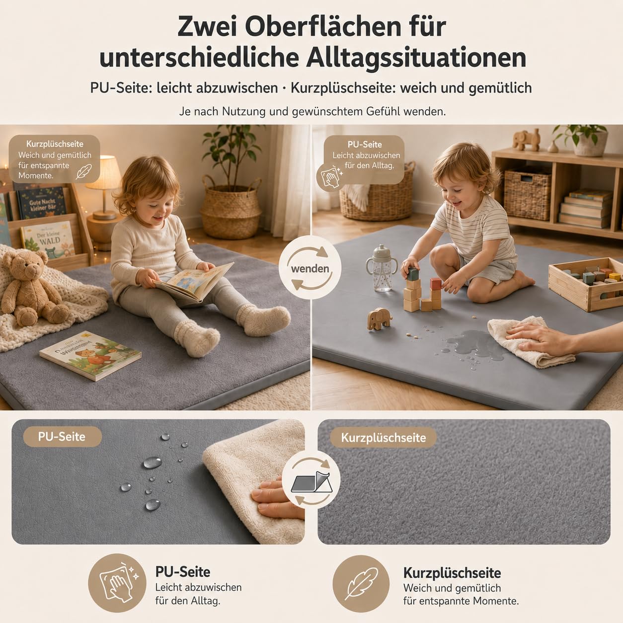 jxgzyy Tappetino per gattonare per bambini, double face, 150 x 150 x 3 cm, in pelle PU impermeabile e morbido peluche corto, con spesso nucleo in memory foam, grigio