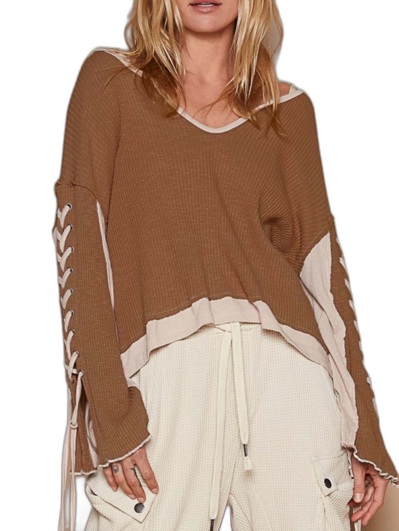 Womens Casual Thermal Knit Boho Lace Up Sleeve Detail V Neck Sweater Top Brown Beige Contrast Trim