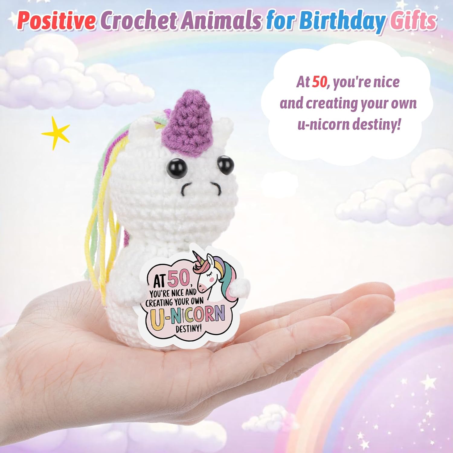 Positive Crochet Unicon Animals 40th 50th 60th Birthday Gifts for Women Friends Coworkers Handmade Emotional Doll (50th) - Image 4