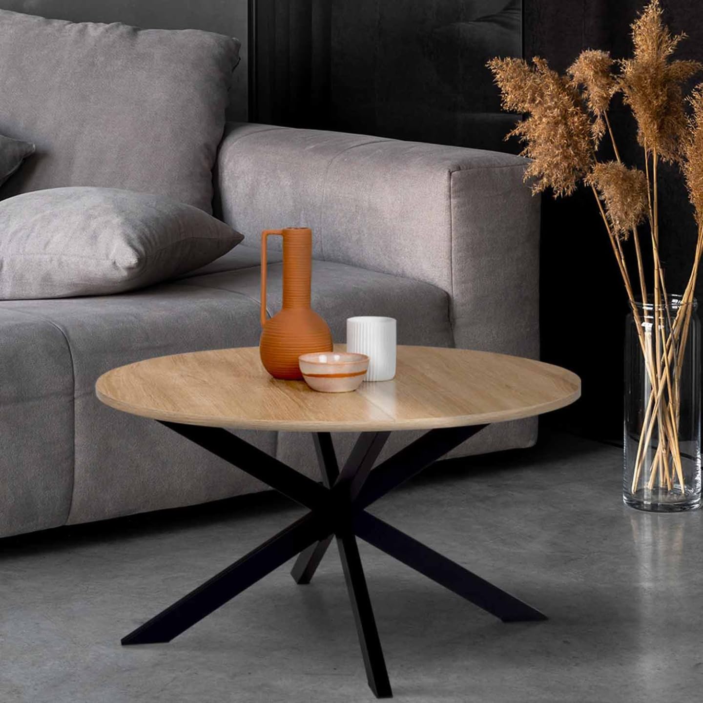 IDMarket – Mesa Baja Redonda Alix Pie araña 70 cm Madera y Negro