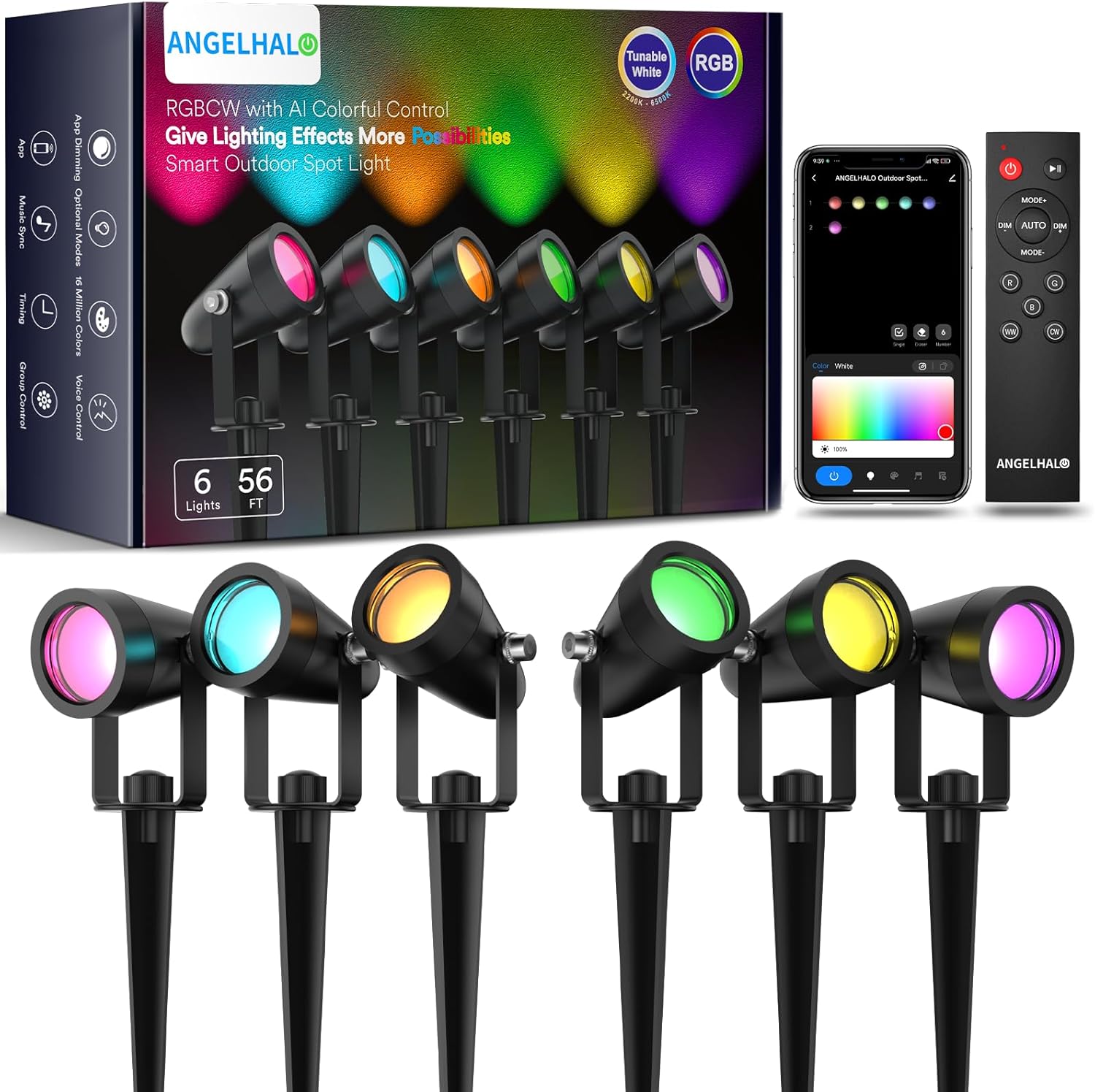 ANGELHALO Landscape Spotlights, Smart Outdoor Spotlights IP65 Waterproof, WiFi Low Voltage Color Changing Outdoor Lights for Yard Garden Pathway Lawn, Compatible with Alexa, 6 Pack