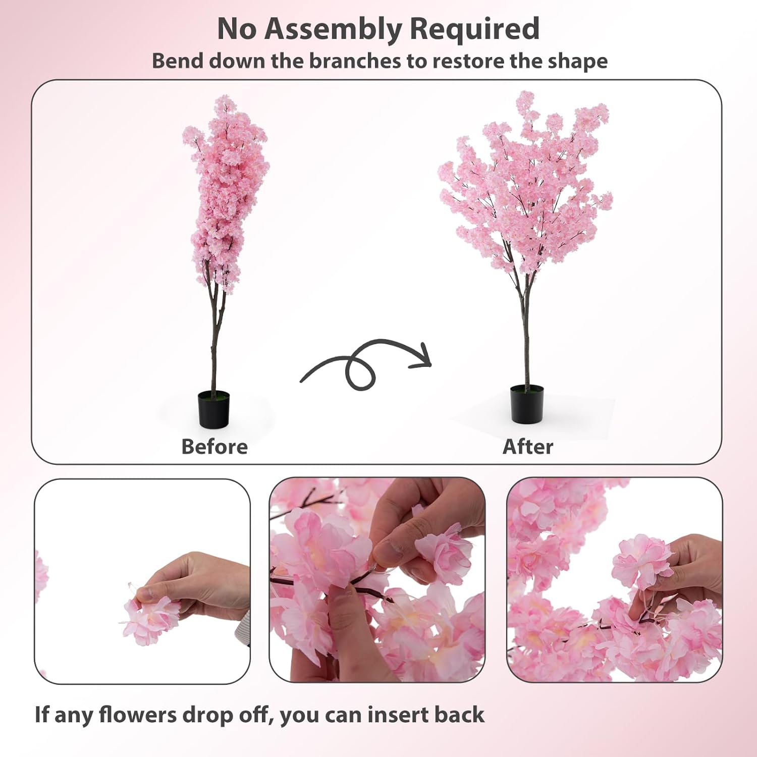 GOFLAME 6.5FT Artificial Cherry Blossom Tree, Faux Pink Cherry Plant with Sturdy PE Trunk & Cement-Filled Nursery Pot, Fake Sakura Flower Tree for Home Office Party Wedding Indoor Decor