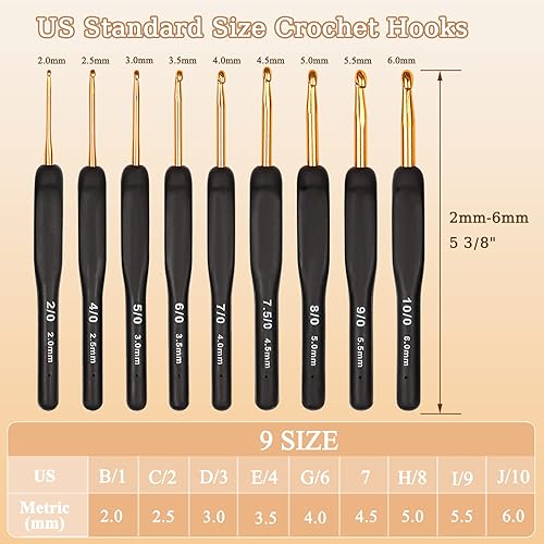 Vista 6 de Aeelike Juego de 31 ganchos de ganchillo, ganchos de ganchillo negros y dorados ergonómicos con agarres para manos artríticas, juego de agujas