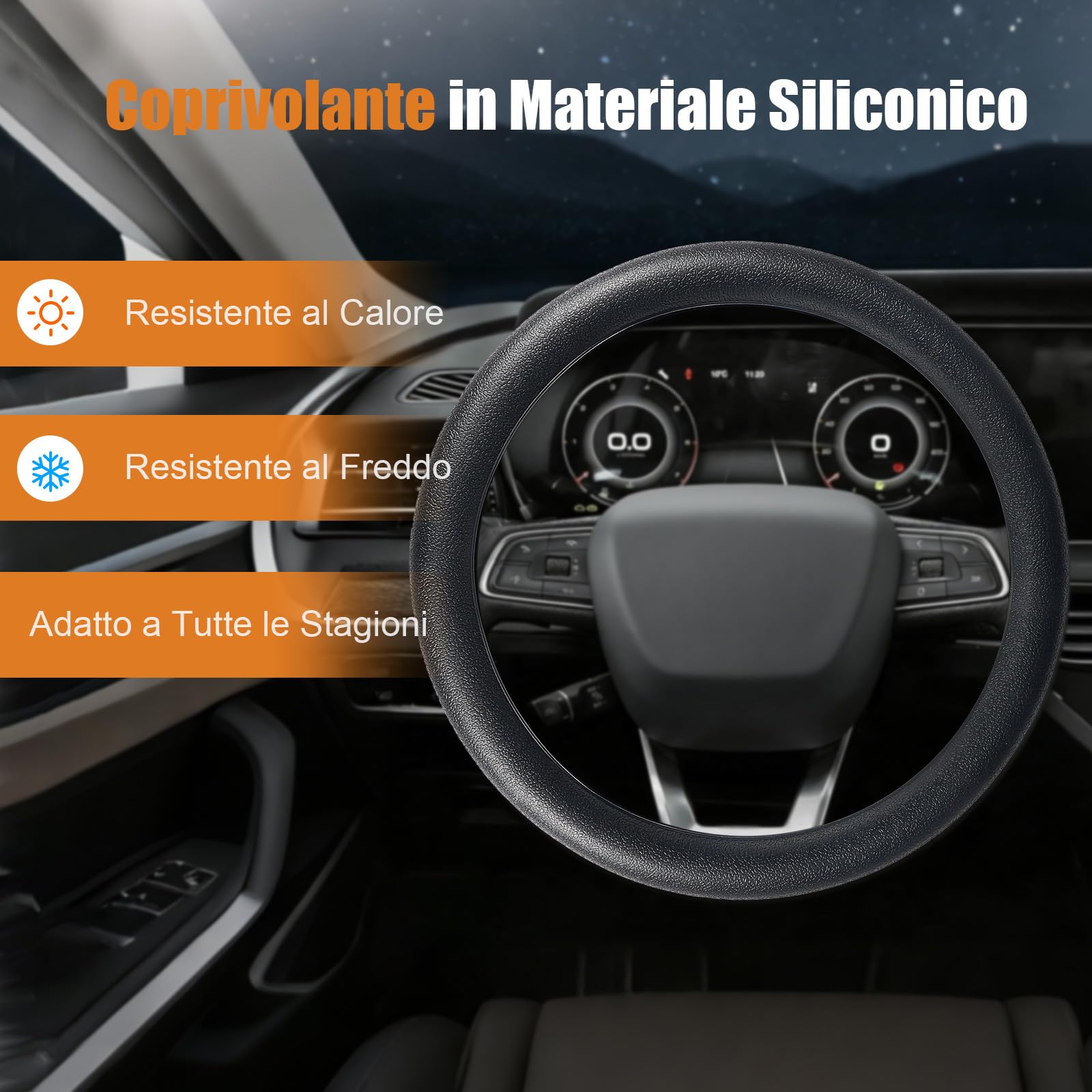 Coprivolante Auto Universale in Silicone Antiscivolo 33-42 cm, Housse Protettiva Elegante e Facile da Pulire, Accessorio per Auto, SUV e Camion – Nero
