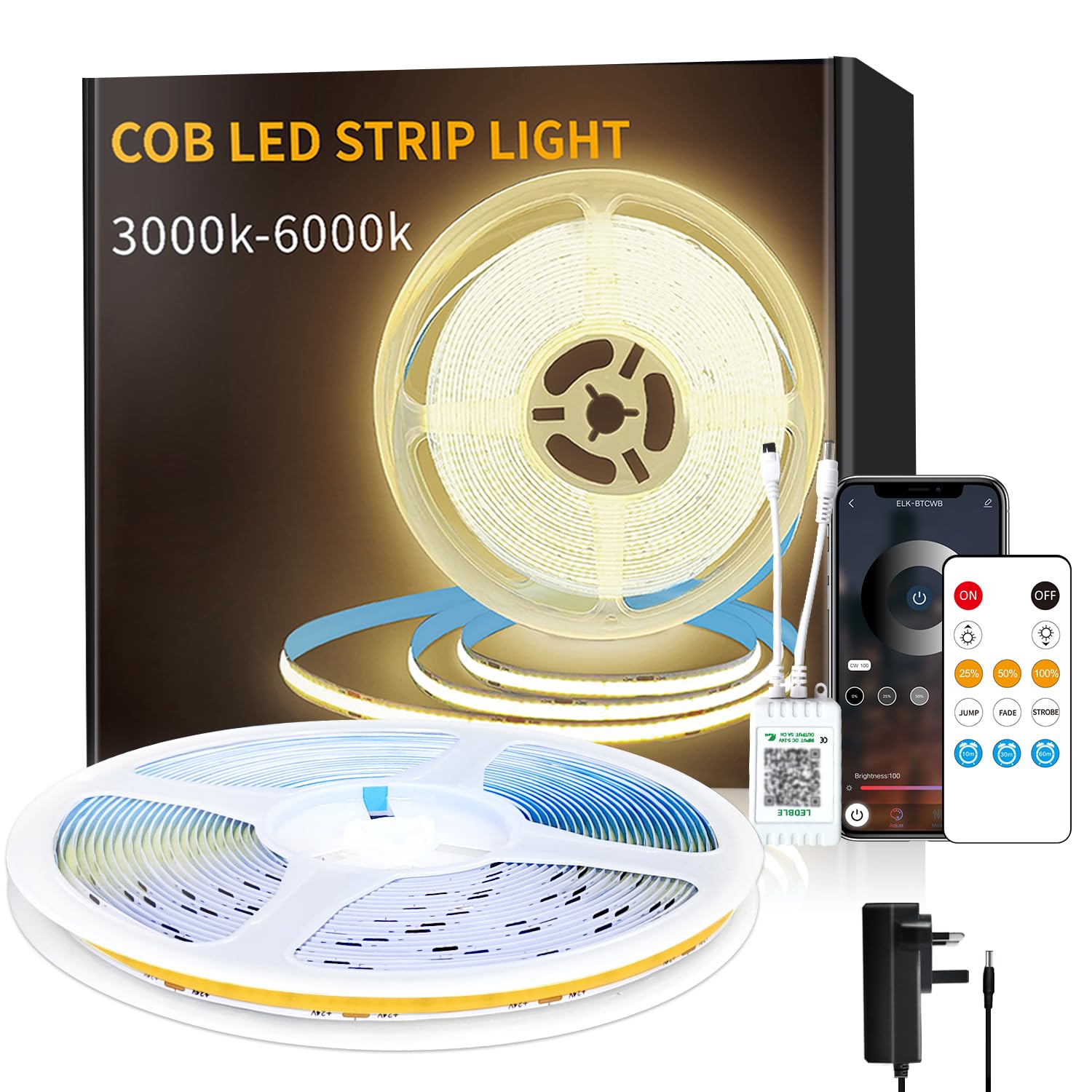 Yeewhale 20M COB LED Strip Lights 3000K 24V Dimmable Warm White LED Strip Kit, with Remote and app Control and UKCA Power Supply LED Tape Lights for DIY Home Decoration