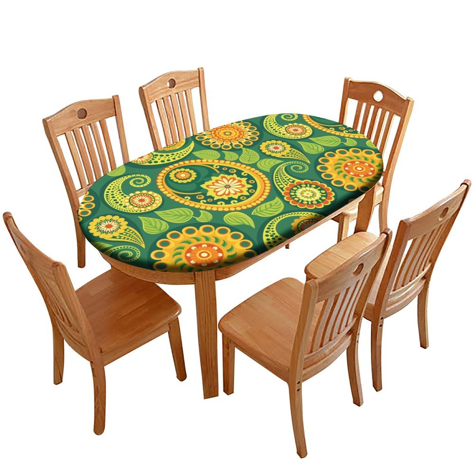 protectormax Oval Fitted Polyester Table Cover, Fits for 48" x 80" Oval Table, Boho Floral Elastic Edge Home Decor Table Cover, Dust & Wrinkle Proof