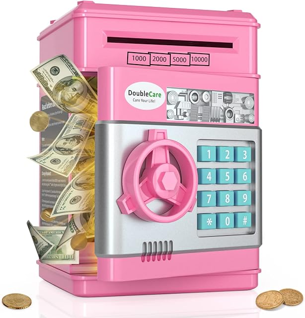 Electronic Piggy Banks for Kids, Money Box with Password Cute Mini ATM Piggy Bank Coin Can,Auto Scroll cash Safe Box, Great and Practical Birthday Gifts for Boys & Girls (rose)