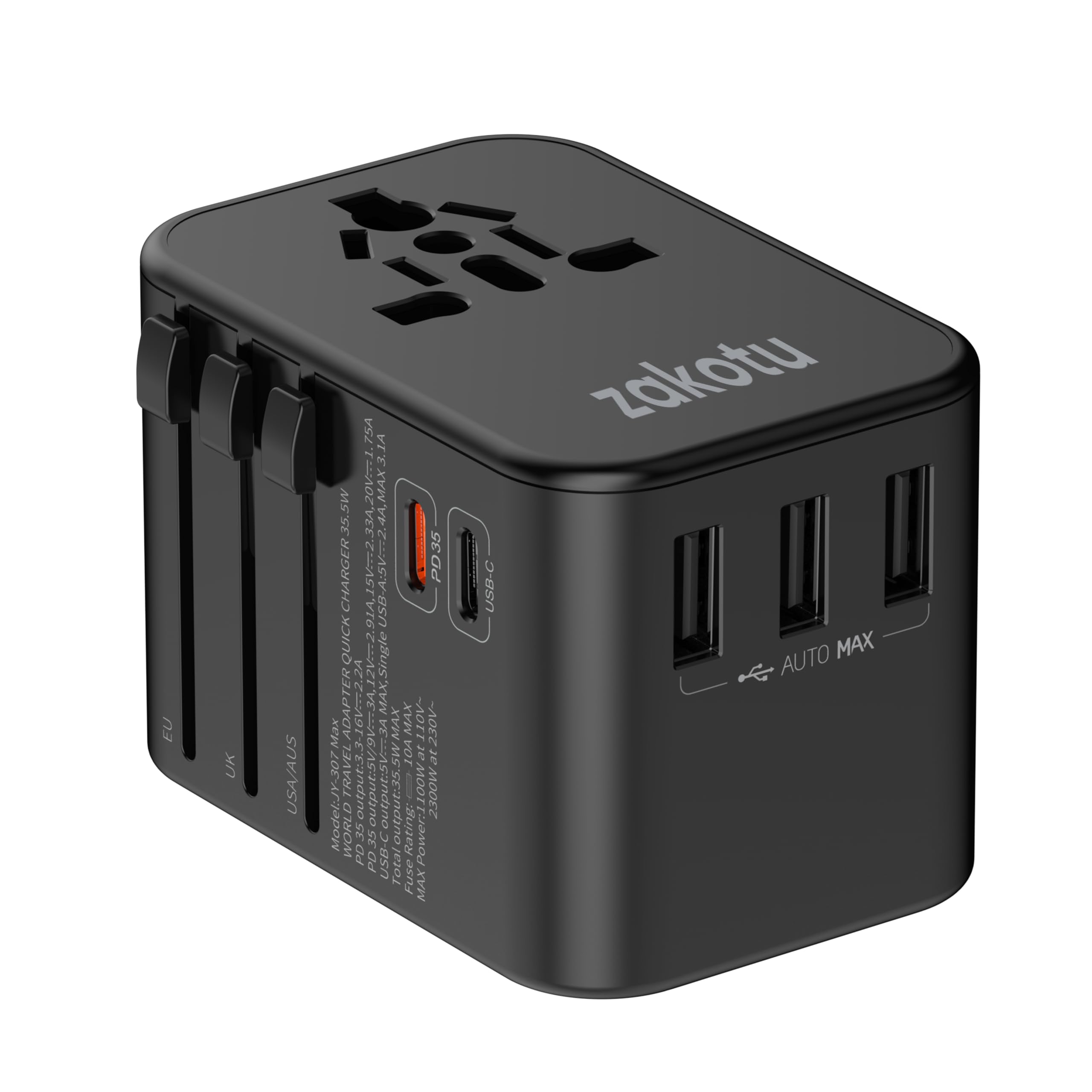 Universal Travel Adapter, 35.5W 5-in-1 Worldwide Power Adapter with PD Fast Charge USB C, 5 Port Compact Charging Hub with AC Outlet for All USB Devices, 110V-230V for 200+ Countries (US/UK/EU/AU)​