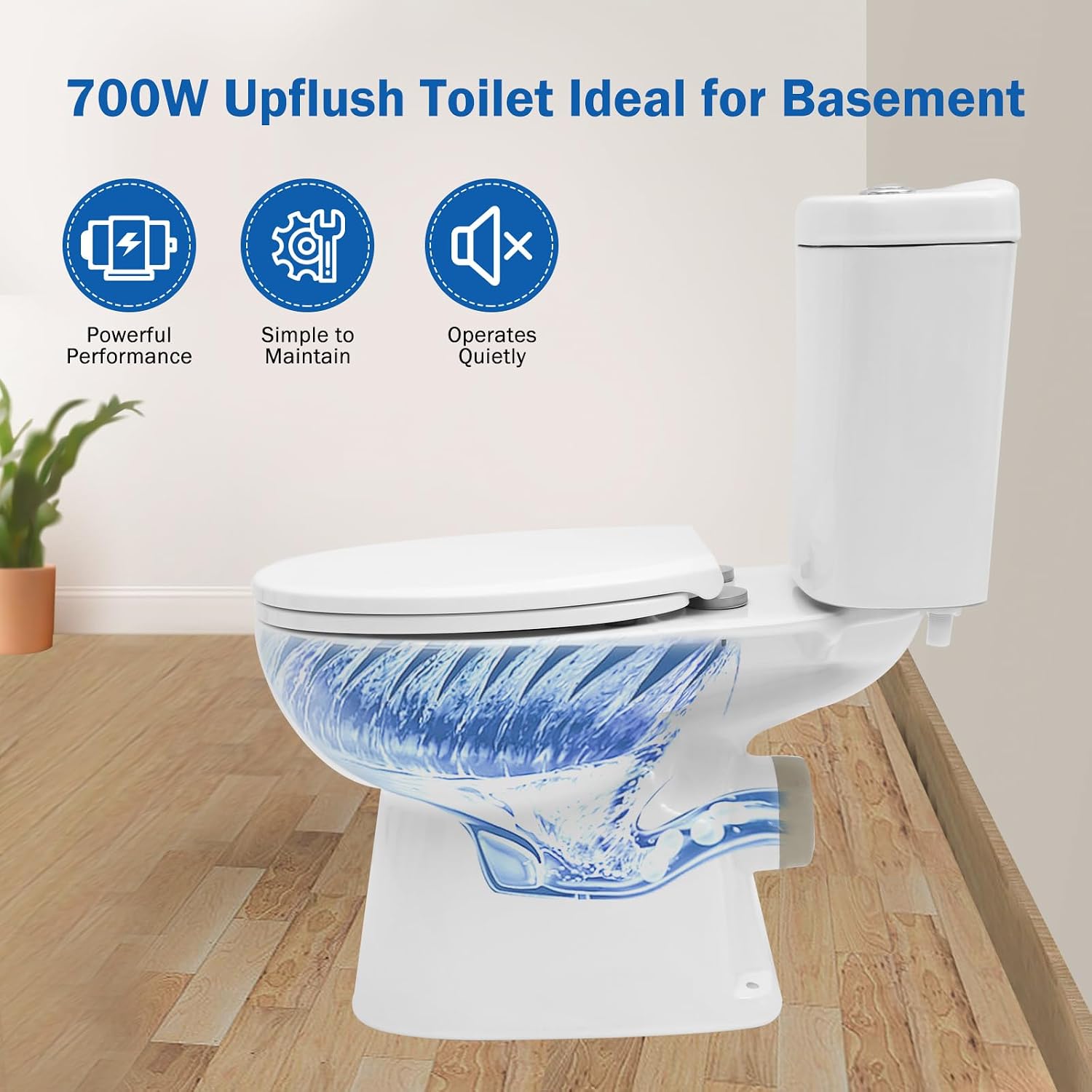 Macerating Upflush Toilet 3 piece Set with 500Watt Maerator Pump, Upflush Toilet System for Basement Room, White Plastic Seat, Polypropylene & Stainless Steel Material, Metallic Finish