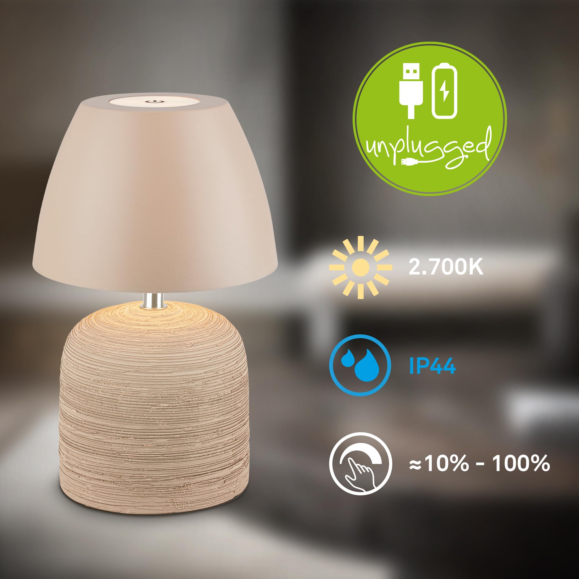 BRILONER - Lampara de mesa sin cable LED IP44 con control táctil, regulable, base de cerámica, lampara mesita noche sin cable, 13,5x22 cm, beige