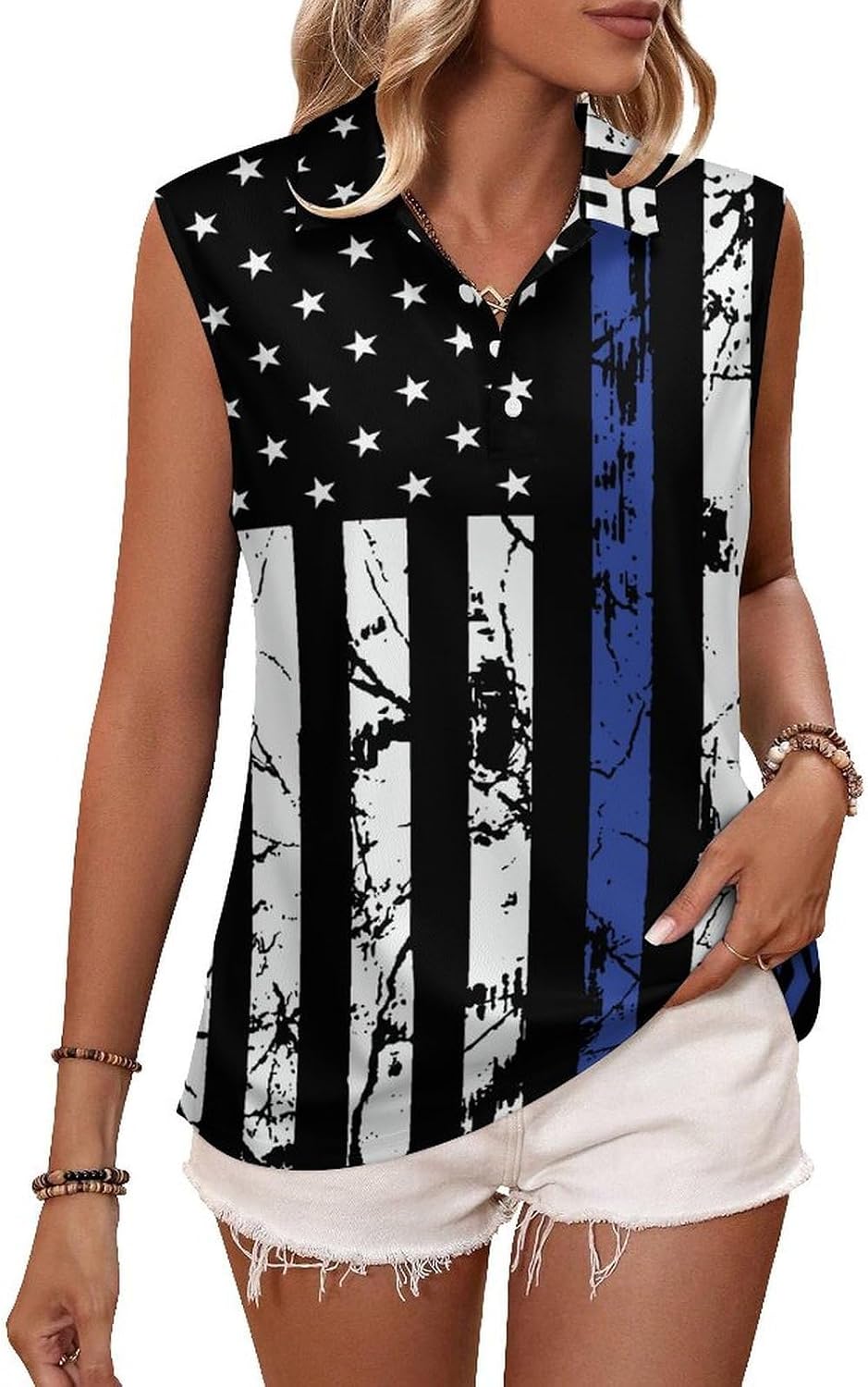 Best Police Dad Ever Blue Line USA Flag Womens Golf Shirts Sleeveless Polo Shirts Collared Tank Tops