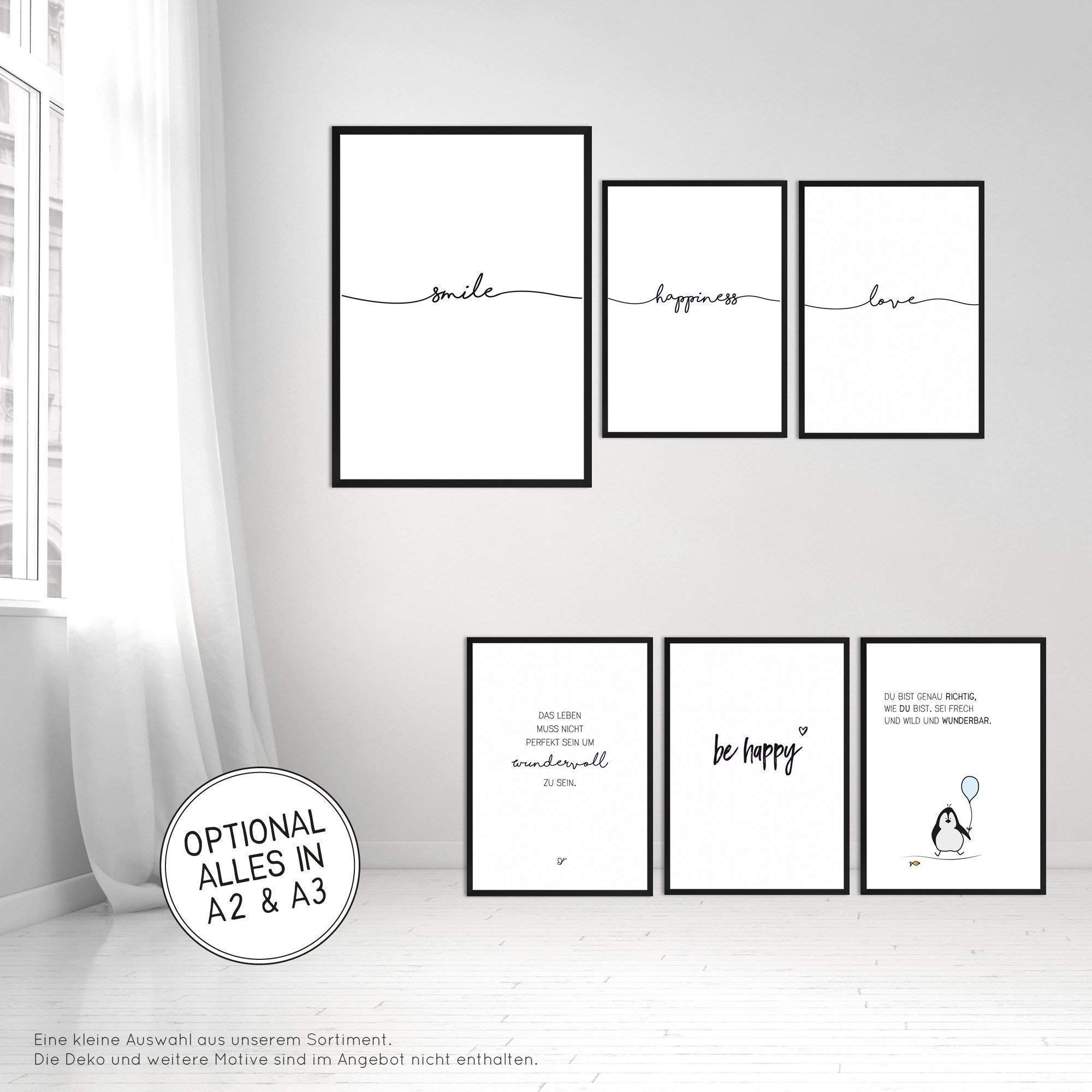 Wunderpixel® 3er Set in groß: love - smile - happiness - Kunstdrucke auf wunderbarem Hahnemühle Papier DIN A2 -ohne Rahmen- schwarz-weißes Bild Poster zur Deko im Büro Wohnung