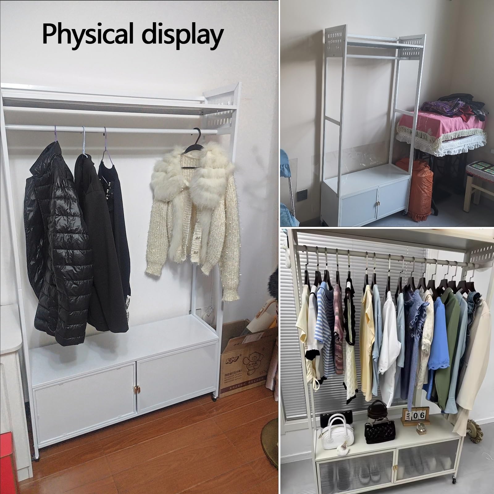 Armario Ropero Metalico Estanteria y Barra Fuerte Capacidad de Carga Armario Esquinero Dormitorio Juvenil con Ruedas para Dormitorios y Apartamentos(White,60x34x171cm)