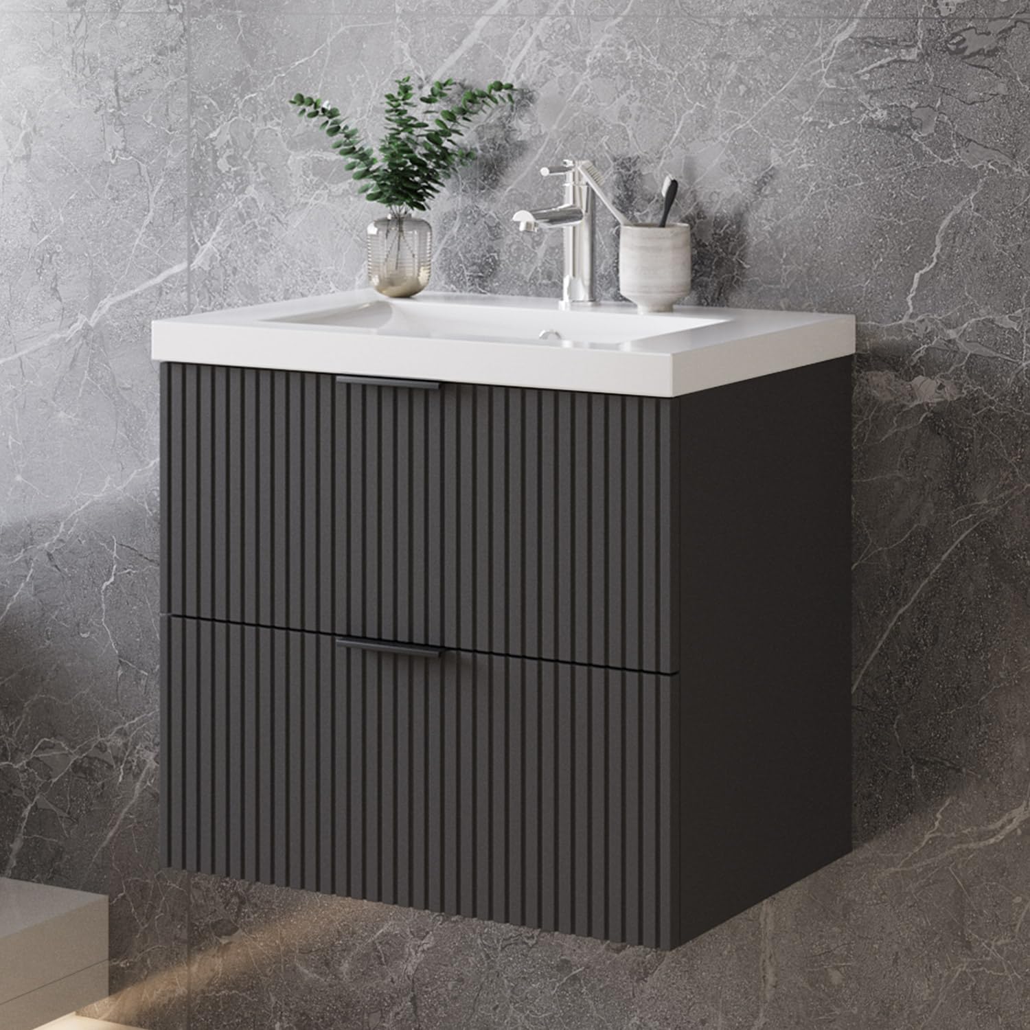 Skybathroom Wall Hung 600mm Bathroom Vanity Unit with Basin Cabinet 2 Soft-close Drawers Sink Unit