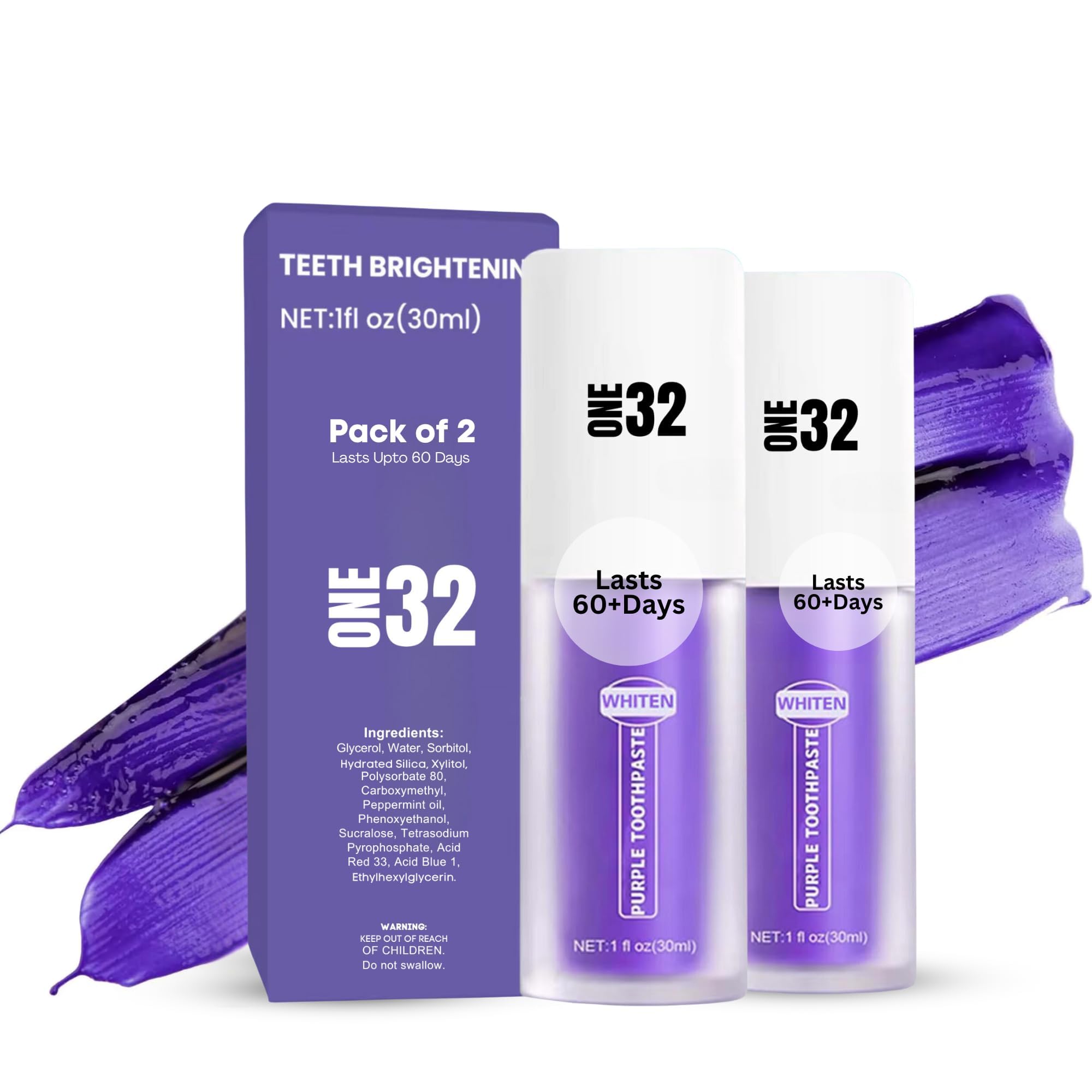 Teeth Whitening Purple Toothpaste Pack of 2 | Color Correcting for Teeth Whitening | Fluoride Free Toothpaste | Removes Coffee & Tea Stains | Gentle Peroxide-Free Formula (30ml Each)