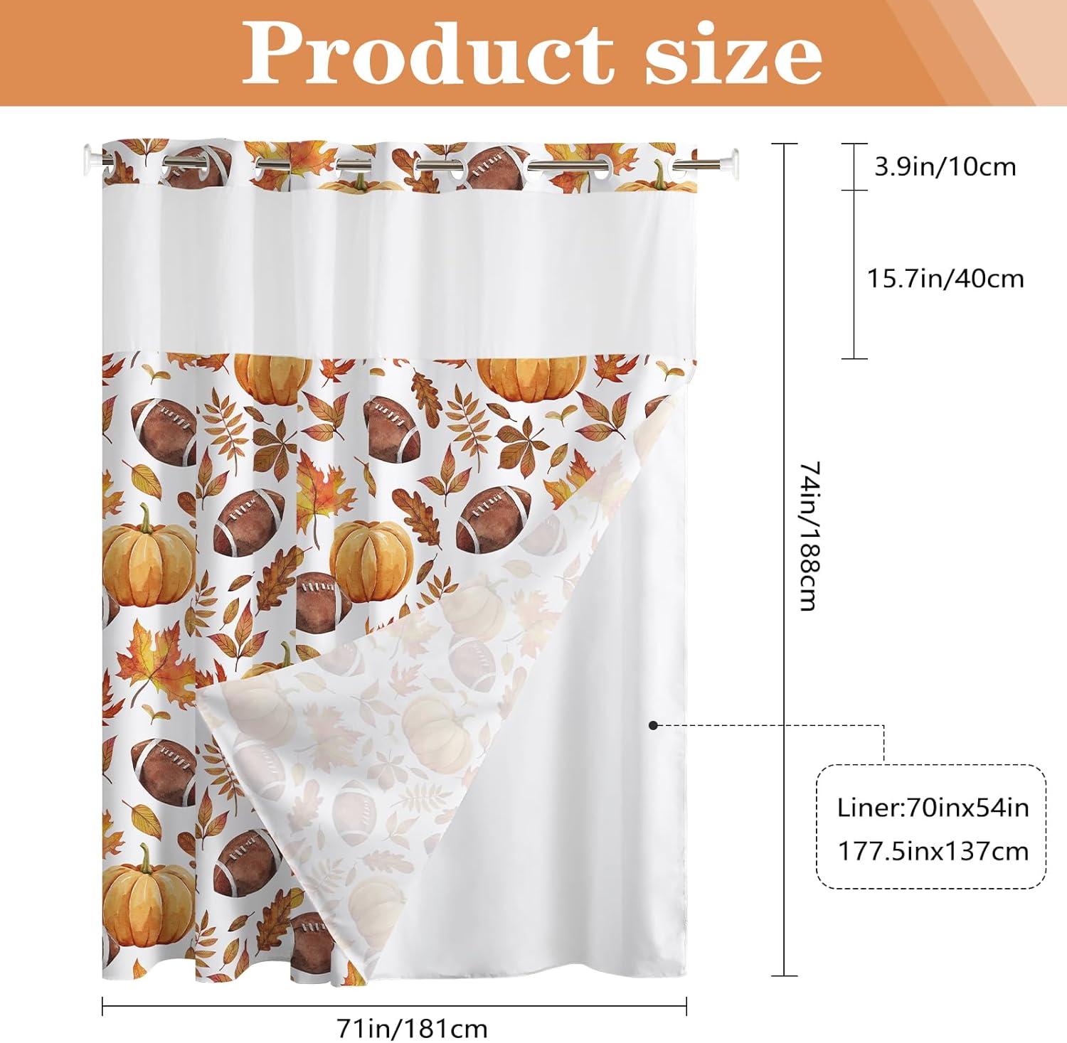 APROPHIC No Hook Pumpkin Shower Curtain Set with Liner,Fall Leaves American Football Rugby Shower Curtain for Bathroom,Thanksgiving Autumn Bathroom Decor See Through Top Window Double Layers 71x74 in