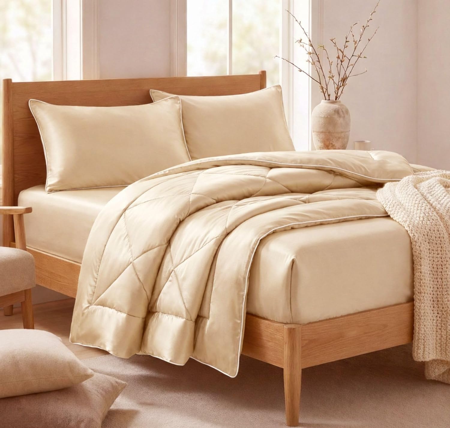 VAS COLLECTIONS 300 TC Satin Silk AC Comforter Set King Size (88x96 Inch) with Fitted Bedsheet (78 x 72 + 10 Inches) & 2 K...