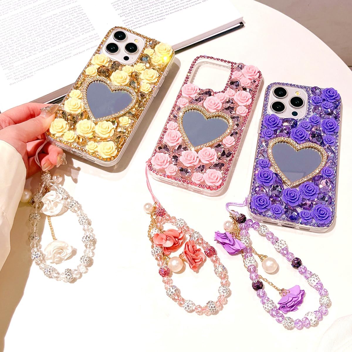 for iPhone 16 Pro Max Glitter Bling Case,Cute 3D Sparkle Heart Makeup Mirror Crystal Rhinestone Flowers Diamond Gems with Lanyard Wrist Strap Women Girls Case for iPhone 16 Pro Max 6.9", Pink - Image 6