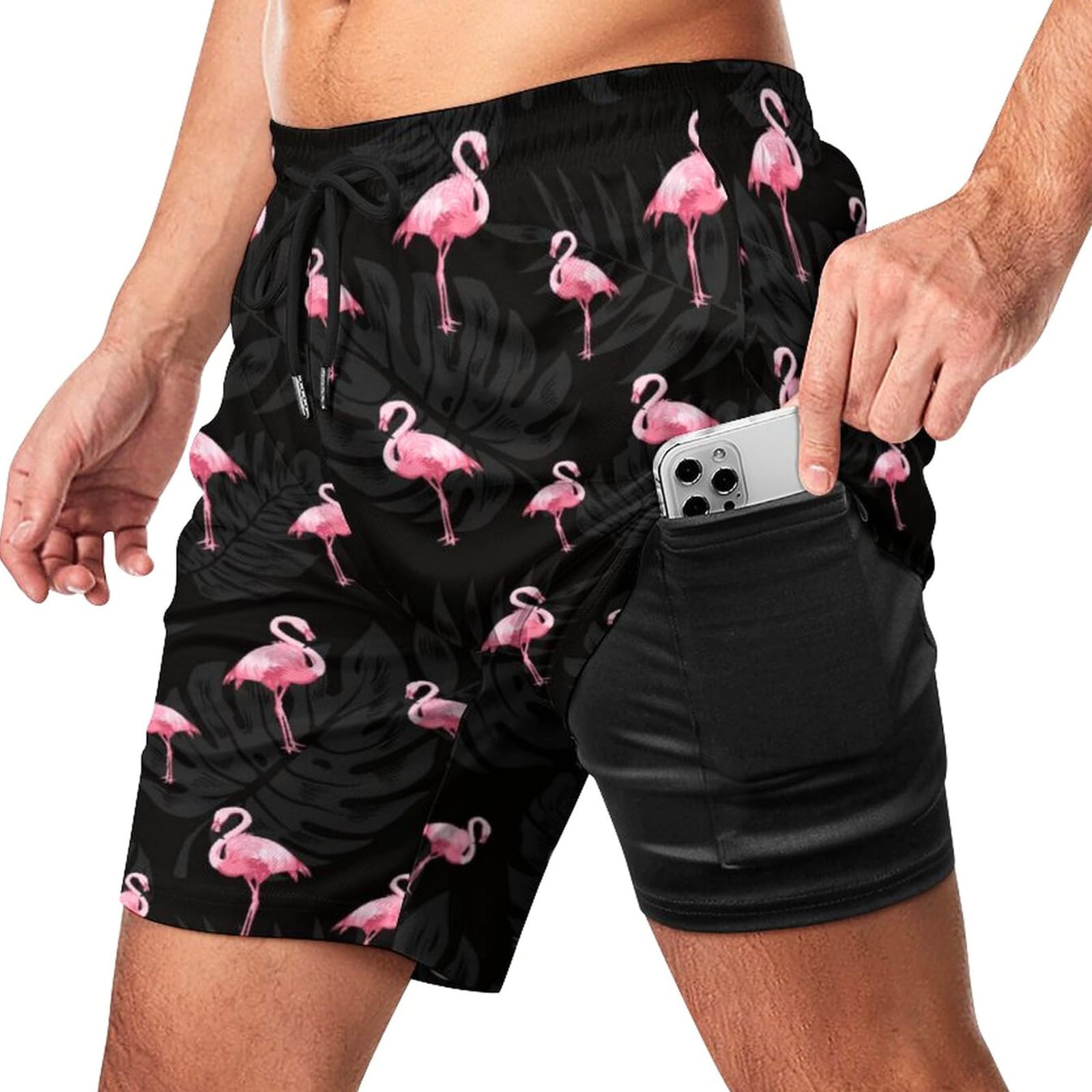 Cerburny Mens Swim Trunks with Compression Liner Men Beach Shorts Bathing Suit Quick Dry Printed Swimming Short with Pockets