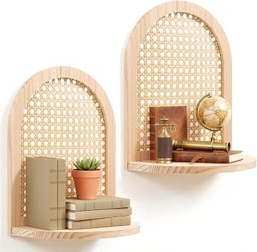 WLLHYF Rattan Shelf Set of 2 Small Floating Shelf Natural Hanging Bookshelf Storage Knick Knack Storage Boho Wall Decorative for Living Room Bedroom Office Plant Figurines Display