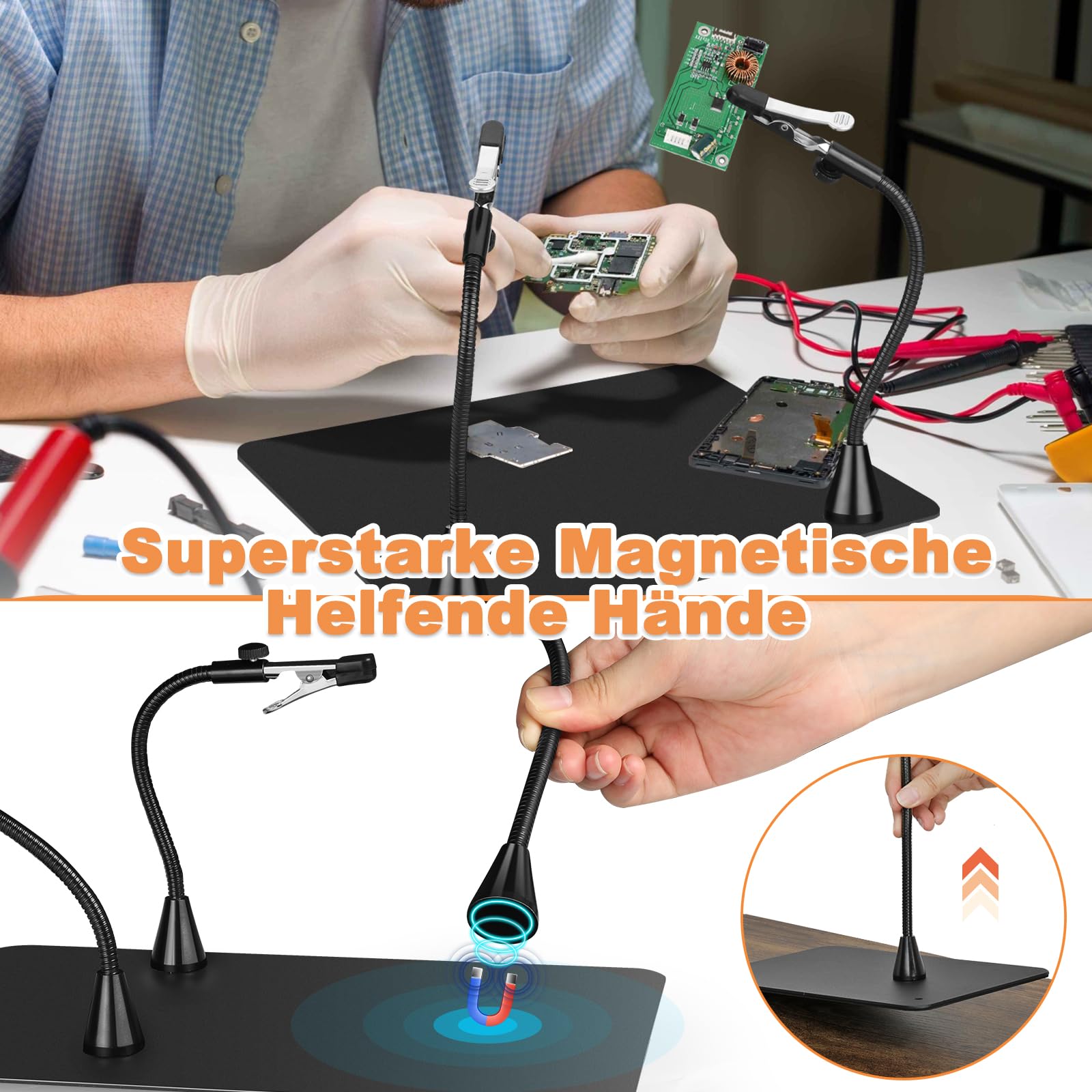 Drdefi Soldadura de Tercera Mano, PCB Magnéticos Flexibles 4 Brazos, Estación de Soldadura con Pinzas de Cocodrilo, Herramienta de Soporte de Placa de Circuito Impreso, Manualidades, Joyas, Hobby