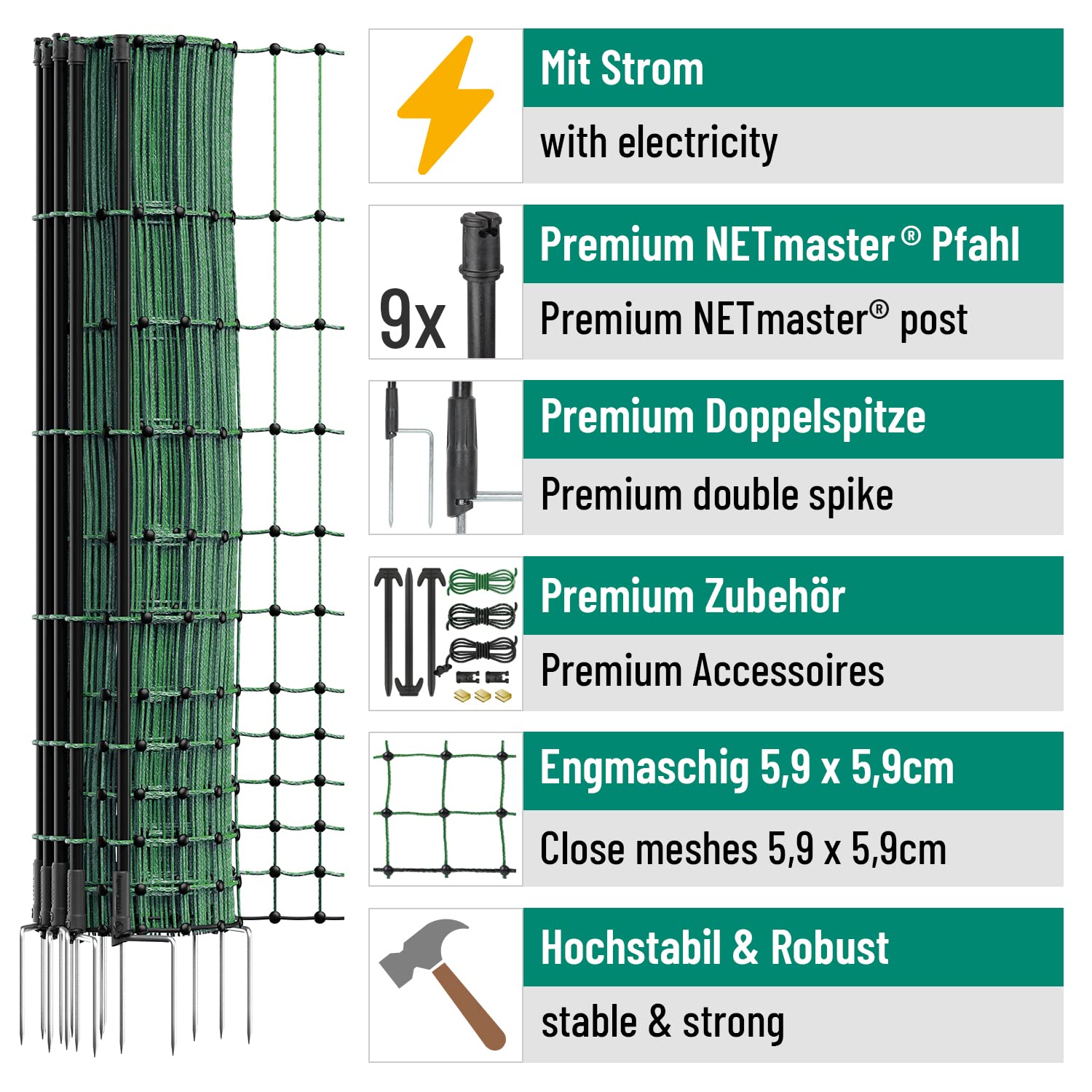 VOSS.farming Filet de clôture pour Poules FarmNet de qualité supérieure pour élevage de volailles, 50 m, 112 cm, 20 piquets, 2 Pointes, Vert