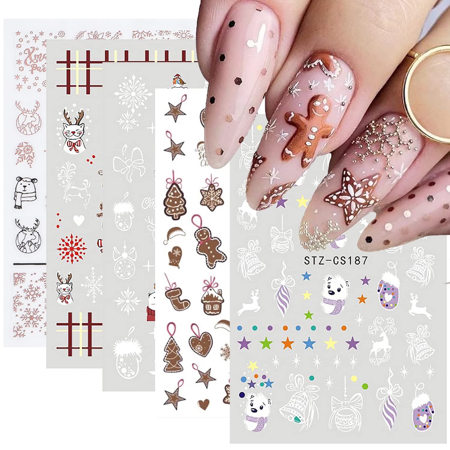 Christmas Cute Nail Art Stickers Winter Snowflake Bear Elk 3D Self-Adhesive Nail Decals Xmas White Jingling Bell Nail Supplies Nail Decorations for Women and Girls
