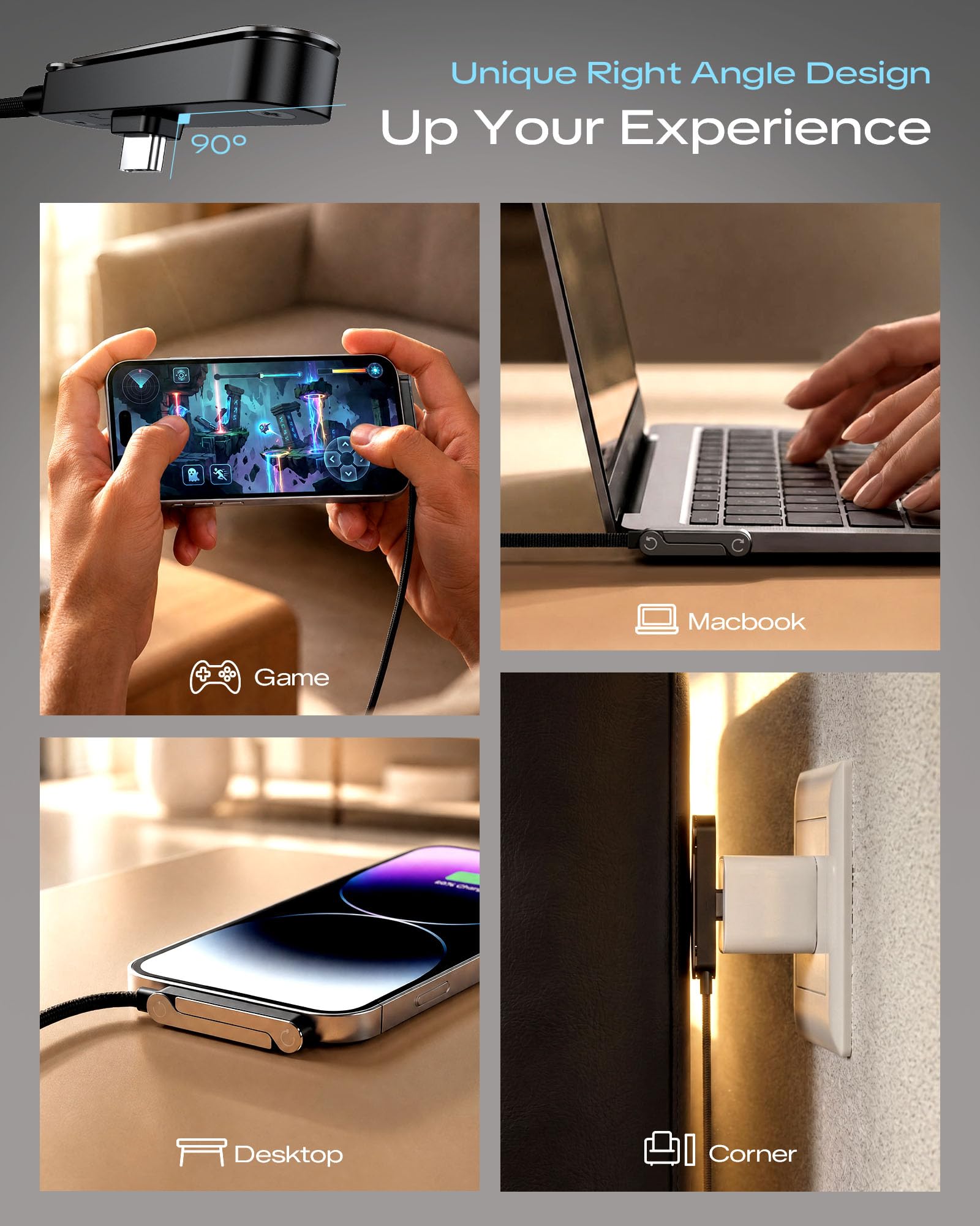 LOOHOI Kabel USB-C na USB-C 240 W z wbudowaną podstawką, kabel do szybkiego ładowania 90° do gier, przesyłania strumieniowego i oglądania bez użycia rąk, pleciony kabel do ładowania (10 m, 1 szt.)