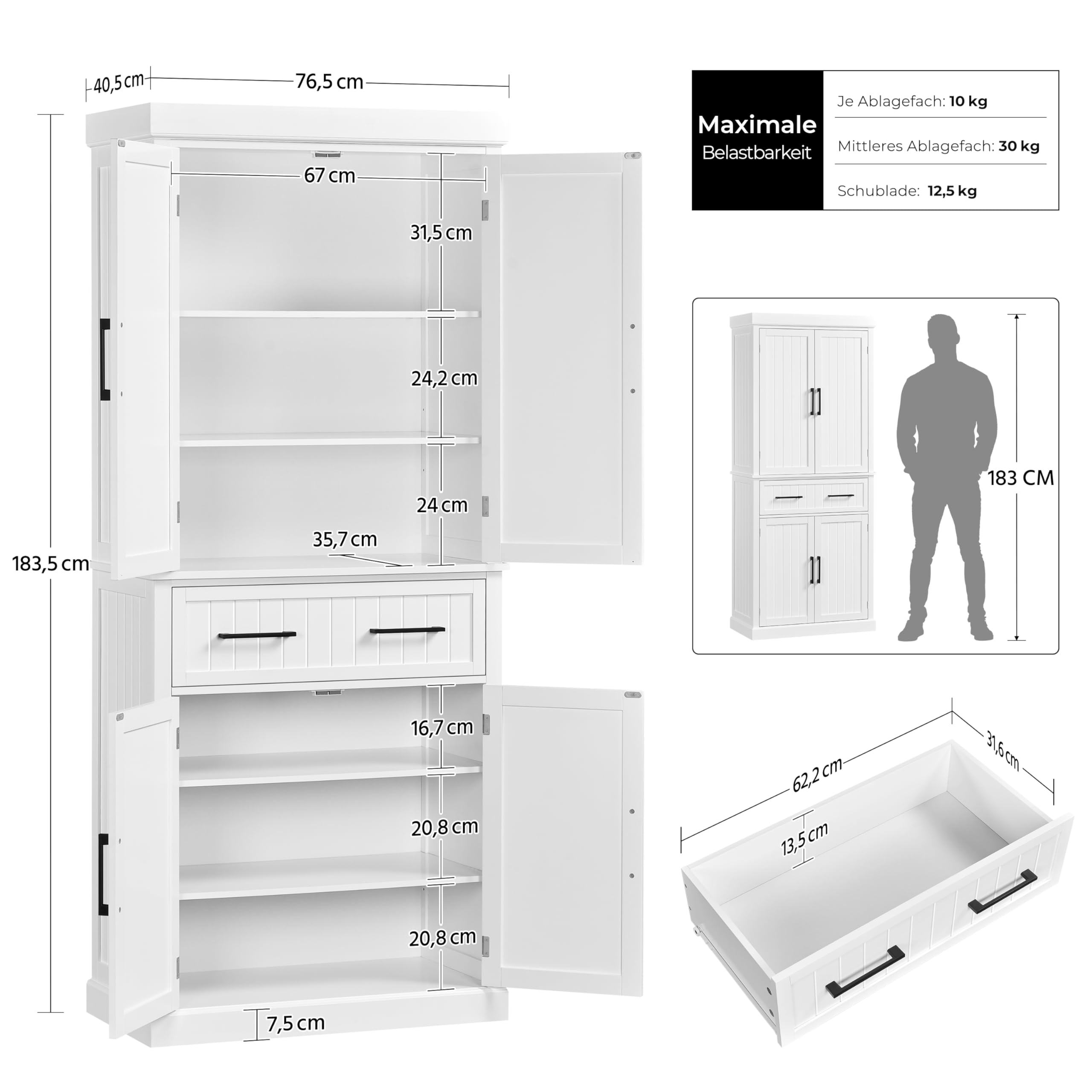Yaheetech 183,5 cm H Vorratsschrank, Küchenschrank mit Höhenverstellbaren Regalbretter & 2 Schublade, Mehrzweck-Haushaltsschrank Buffetschrank für Esszimmer Groß, Weiß