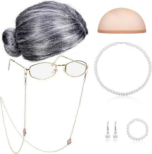 Miniatura 2 de Gejoy 7 Pcs Old Lady Wig Costume Set Grandma Hair Cap Glasses Chain Pearl Necklace for 100th Day of School Props Cosplay