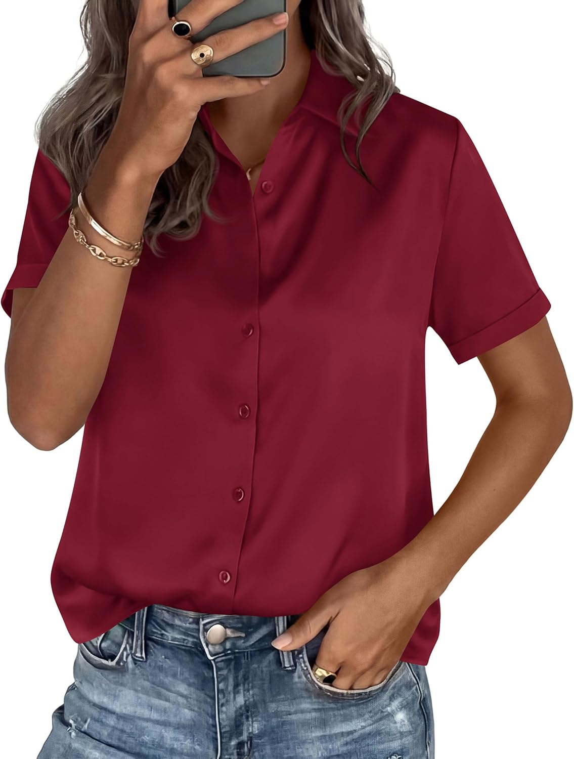 PRETTYGARDEN Womens 2026 Summer Button Down Shirts Short Sleeve Work Tops Dressy Satin Blouses Spring Business Casual Outfits - Image 4