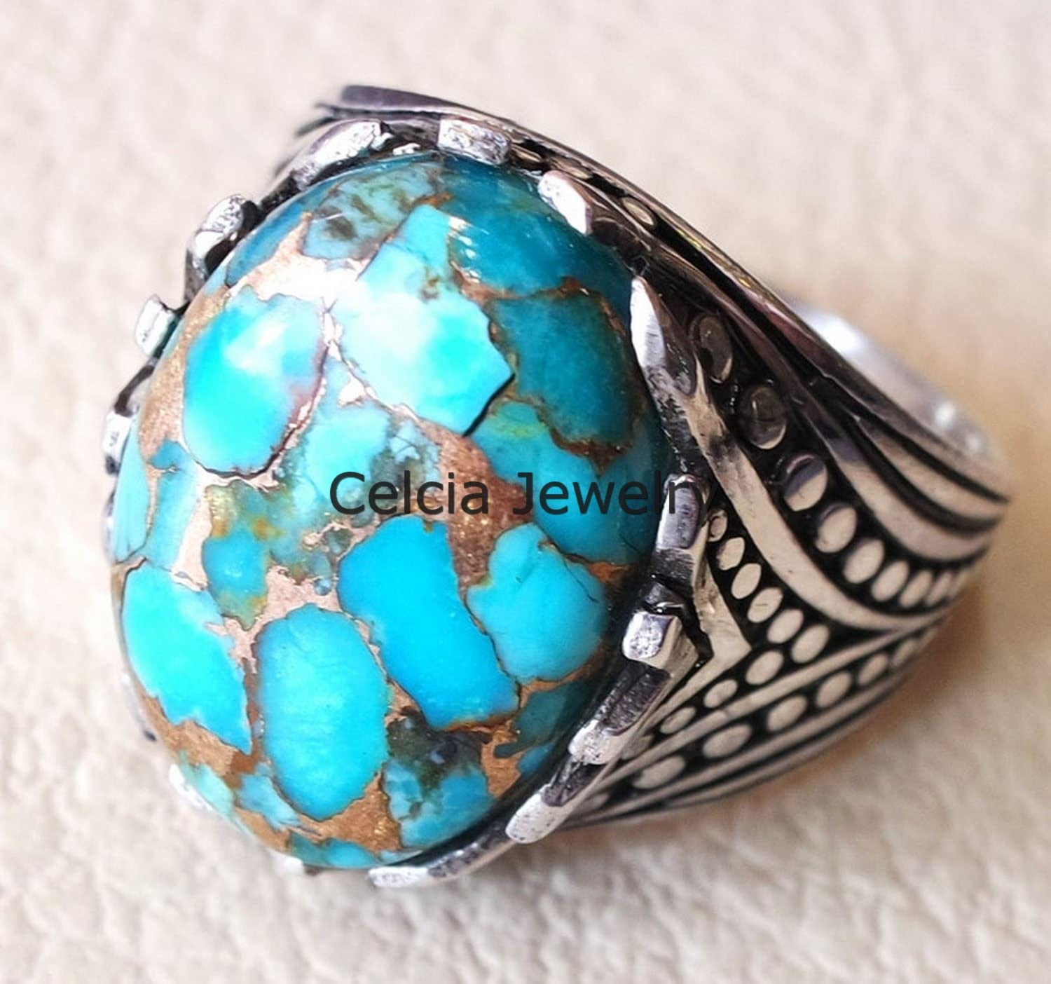 Bague ovale en cuivre bleu turquoise véritable pierre précieuse bleue, véritable argent sterling chevalière, bague de déclaration, bague de mariage, bague de cadeaux pour homme, cadeau unique pour lui
