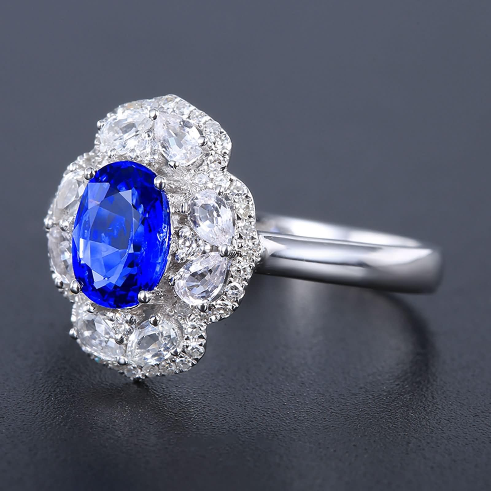 Daesar Anillos Mujer de Boda con Flor y Oval con Zafiro Creado de 1.12ct y Moissanita, Oro Blanco 9K/14K/18K, Anillos de Matrimonio de Boda Plata Azul