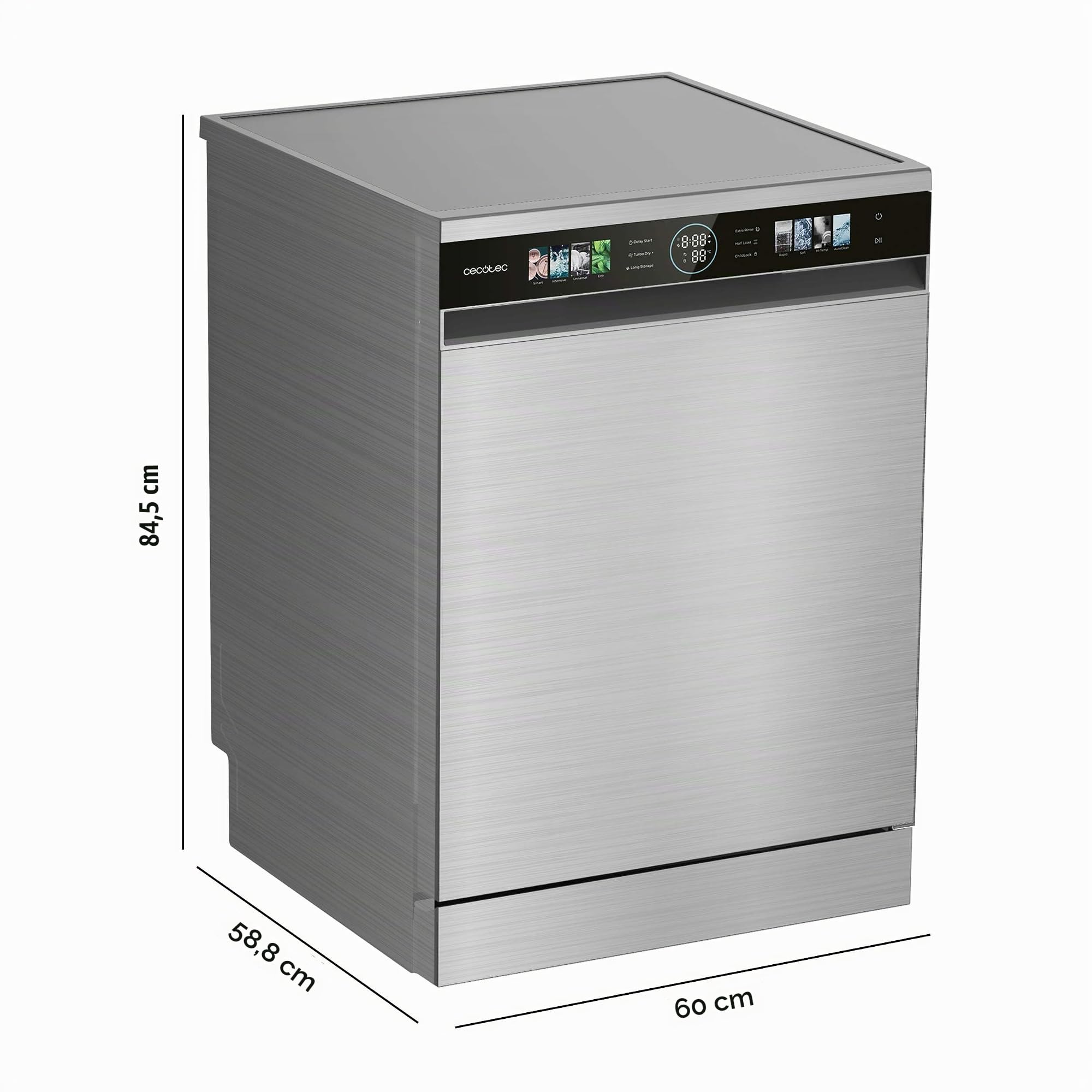 Cecotec Lavastoviglie Compatto 60cm Bolero Aguazero 6620 Inox C. 1850W, 15 Coperti, 8 Programmi, Motore Inverter, Schermo FullColor, Smart Wash, Turbo Dry+, AutoClean, Mezza Carica, Avvio Ritardato