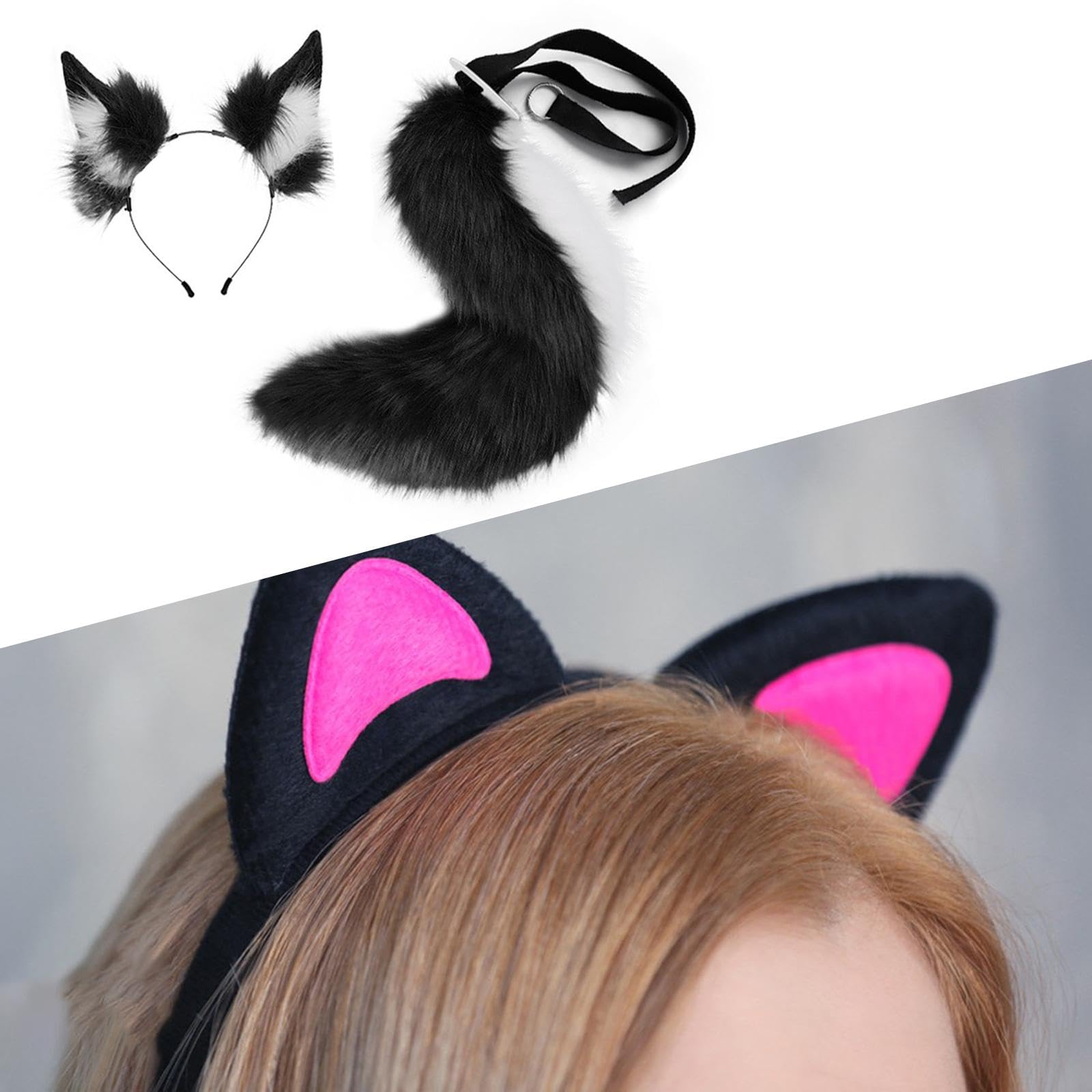 Jojomis Cosplay Set Tierohren Stirnband und Langer Schwanz Schwarz-Weiss für Verkleidung Party Rollenspiele