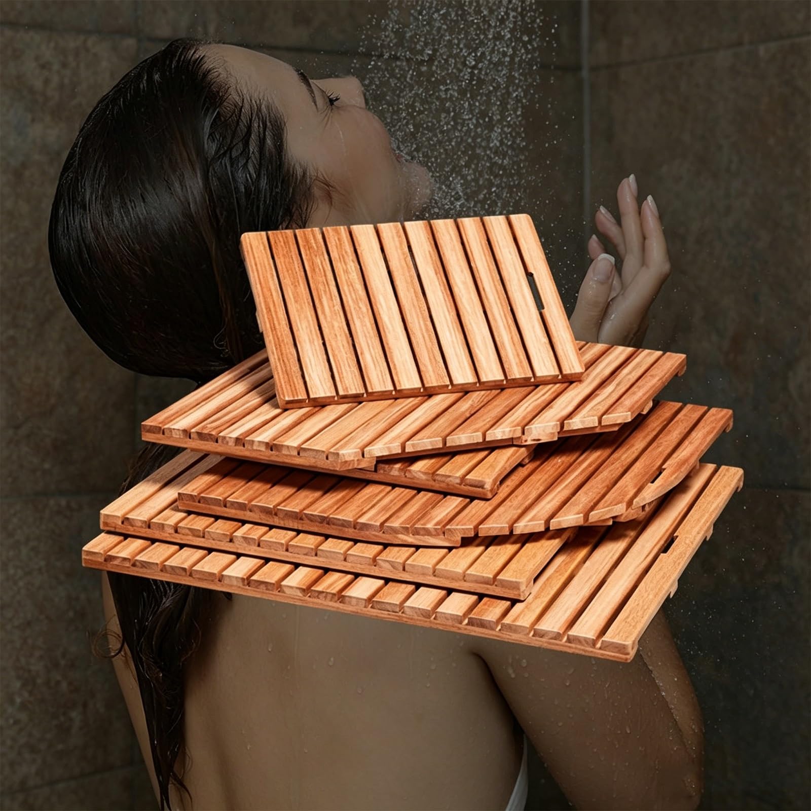 Tappetino da Bagno in Legno di Teak Pedana Doccia Impermeabile Design a Doghe, Design Rialzato per Doccia Esterna(60x60cm/23.6x23.6in)