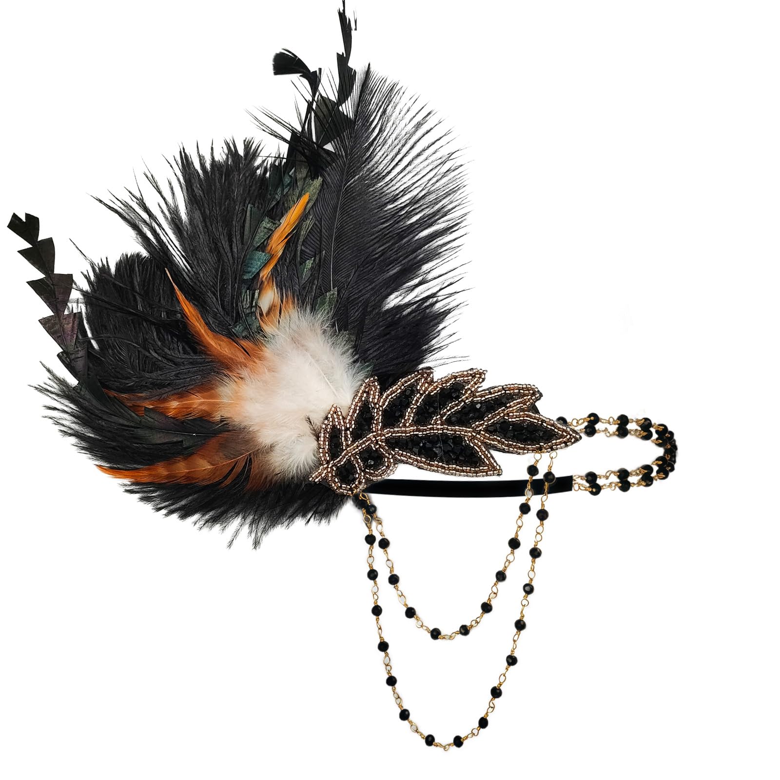 1920s Flapper Headband 1920s Headpiece Black Brown Feather Headband Roaring 20s Costumes Gatsby Headpiece for Women Crystal Tassel Vintage Fascinator Showgirl Hair Band Themed Party Halloween Costume — image 1