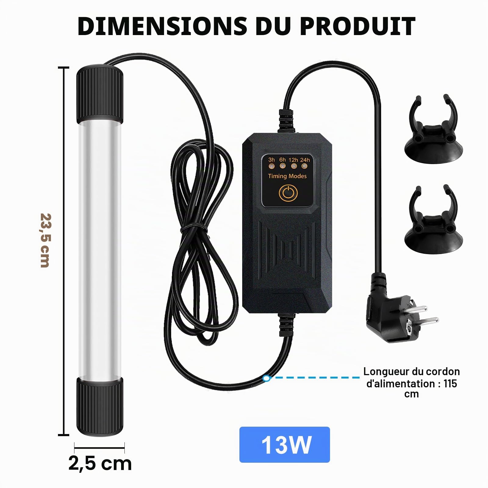 GOMETY Lampe UV Stérilisateur Aquarium 13W Minuterie Étanche