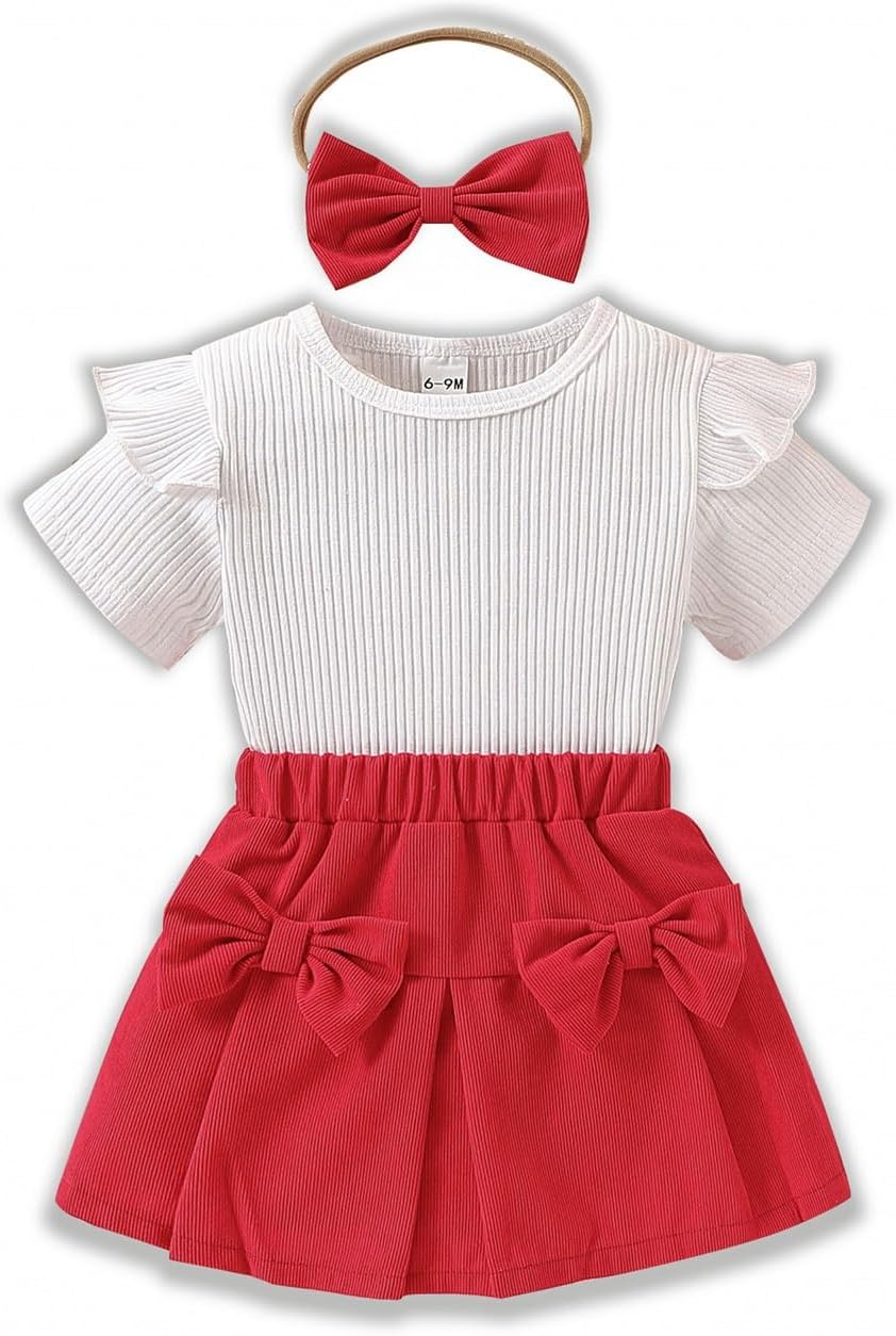 Baby Girl Summer Clothes Solid Ruffle Sleeve Top+Bow Mini Skirt+Bow Headband 3PCS Outfits Set Baby Girl Summer Clothes Solid Ruffle Sleeve Top+Bow Mini Skirt+Bow Headband 3PCS Outfits Set