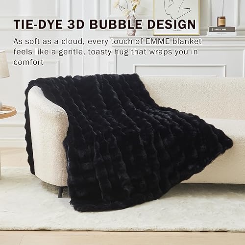 Miniatura 6 de EMME Manta de piel sintética tamaño King, color negro, manta acogedora con conejo de burbujas grandes para sofá, manta gruesa y peluda de felpa, 108
