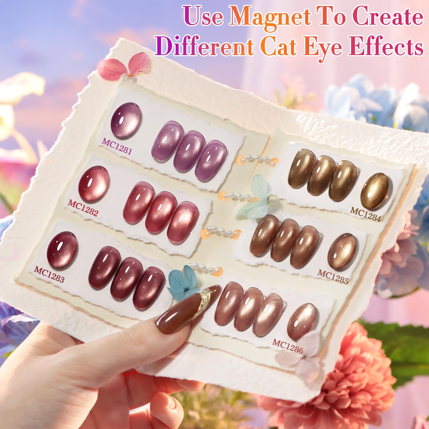 Double Rhythm Cat Eye Gel Nail Polish Set of 6 Same Color Same Bottle 0.5 Oz Shimmer Glitter with Magnet Holographic Reflective Magnetic UV Nail Polish Kit at Home (Rose Coffee Brown Red-T6-62)